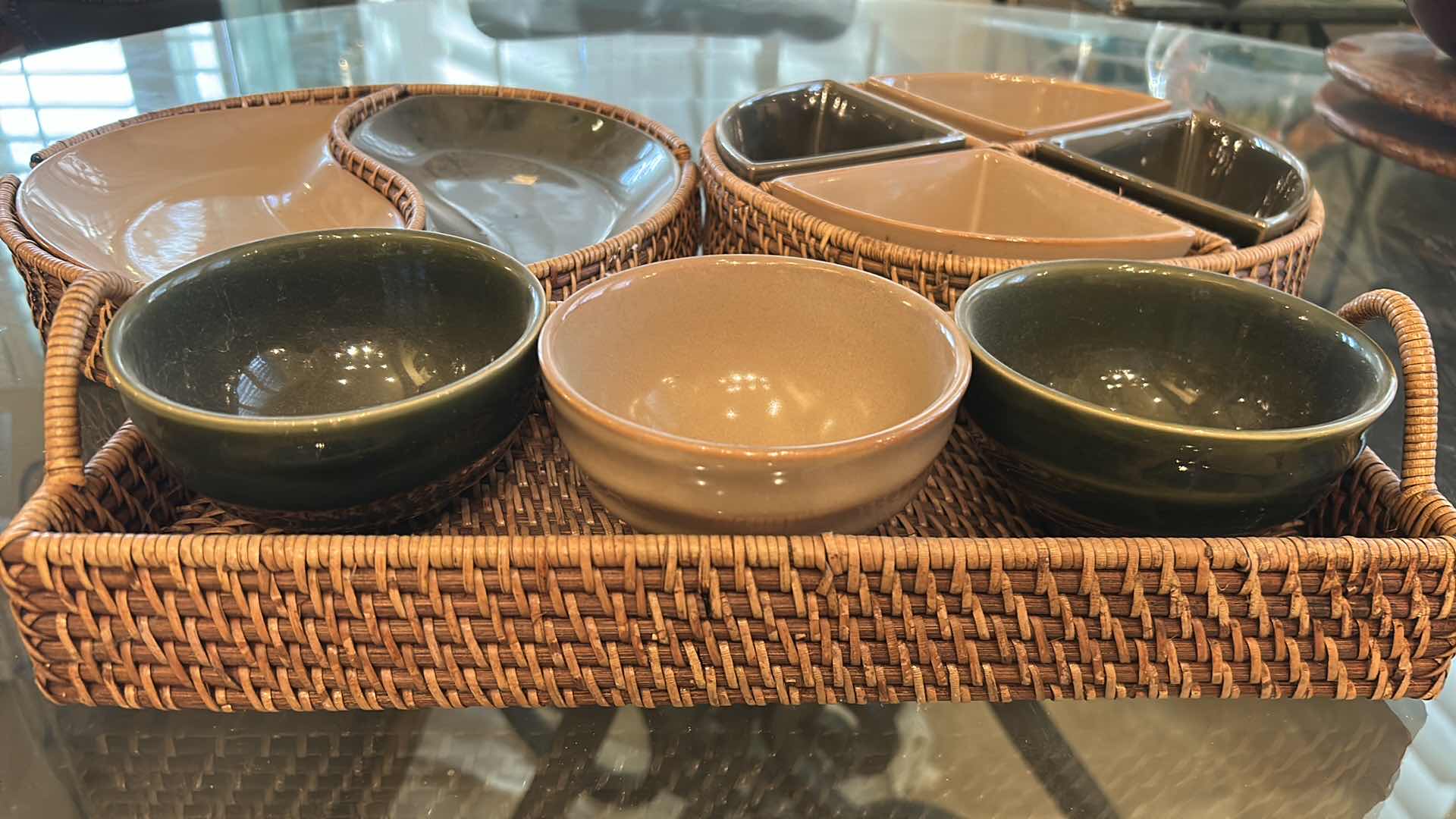 Photo 1 of 3- ESSEX STONEWARE SERVING SET W RATTAN HOLDER