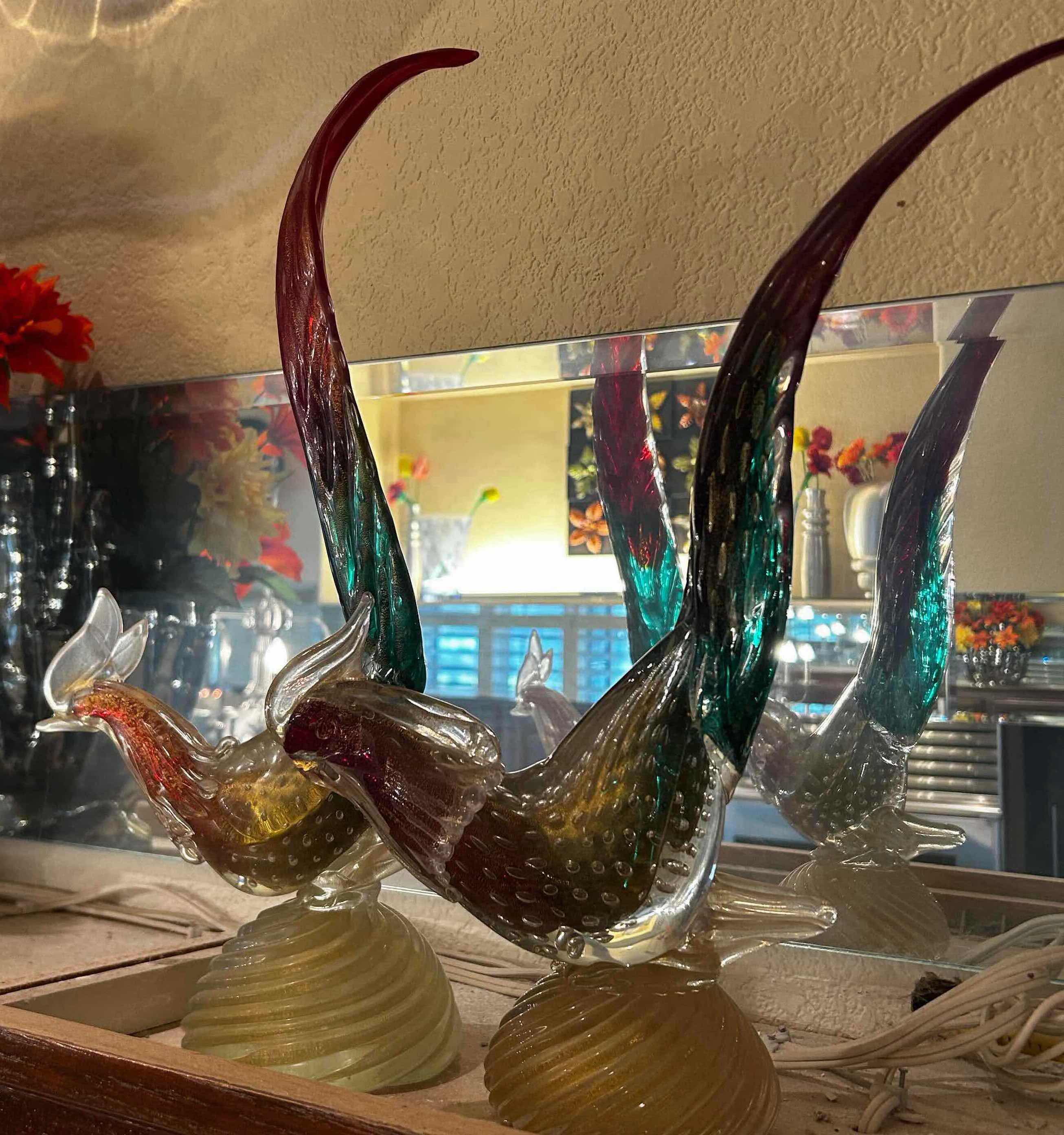 Photo 1 of 2 -MURANO GLASS PHEASANT SCULPTURES H 18"