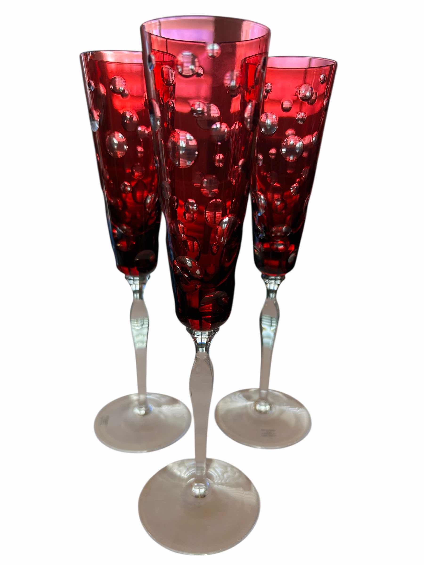 Photo 1 of 3- SAKS FIFTH AVENUE LEAD CRYSTAL RED FLUTES W BOX