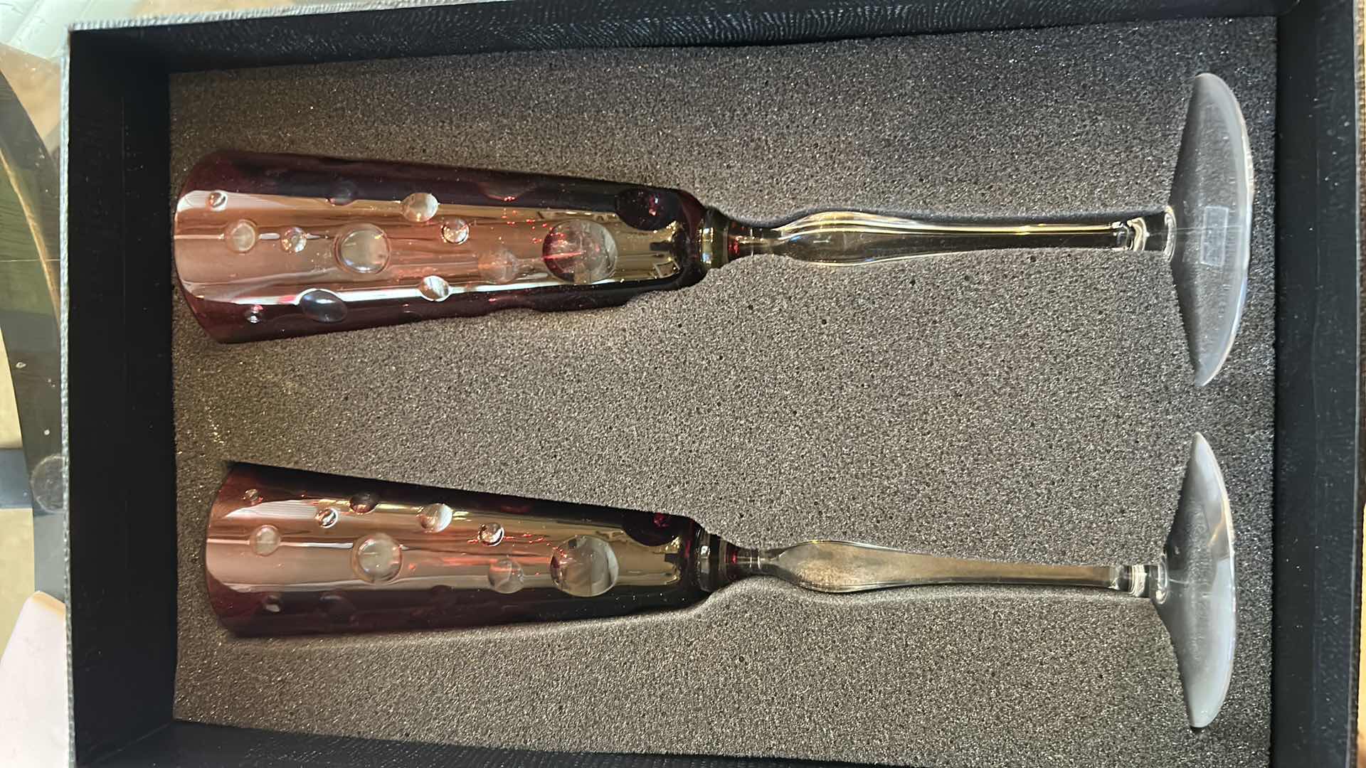 Photo 1 of 3- SAKS FIFTH AVENUE LEAD CRYSTAL RED FLUTES W BOX