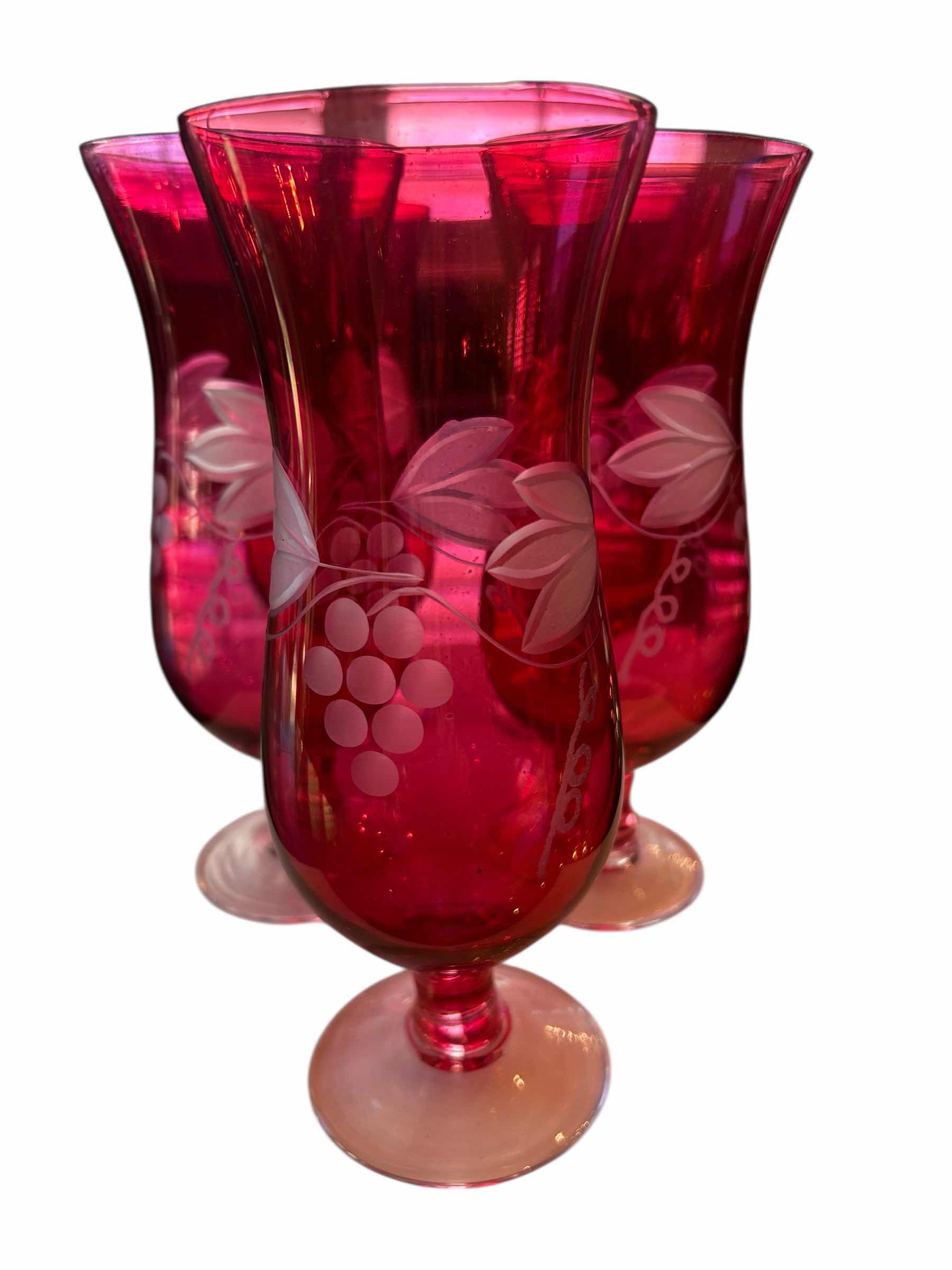 Photo 1 of 5-CRANBERRY GLASS RED ETCHED GRAPE DESIGN GOBLETS