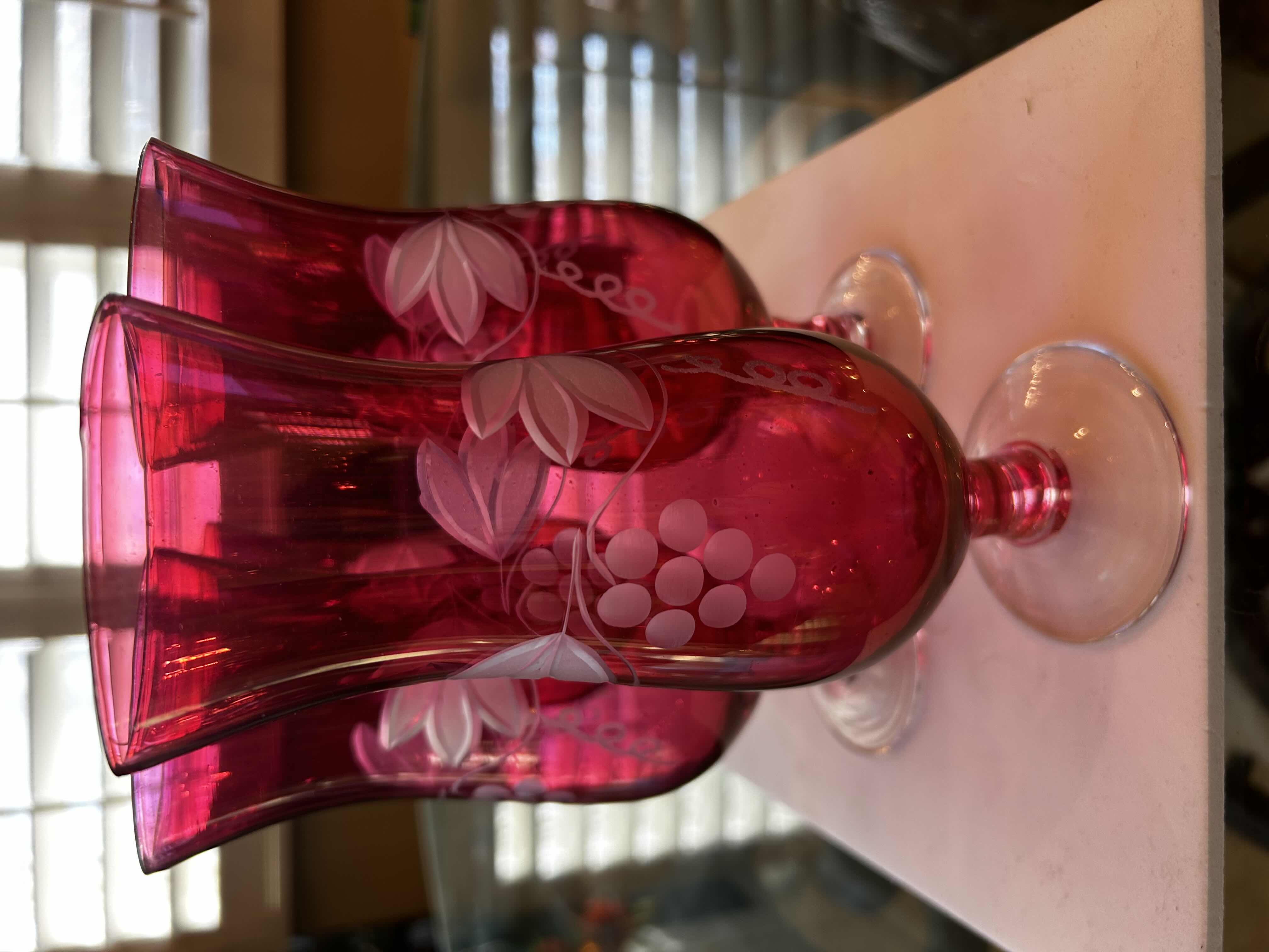 Photo 1 of 5-CRANBERRY GLASS RED ETCHED GRAPE DESIGN GOBLETS