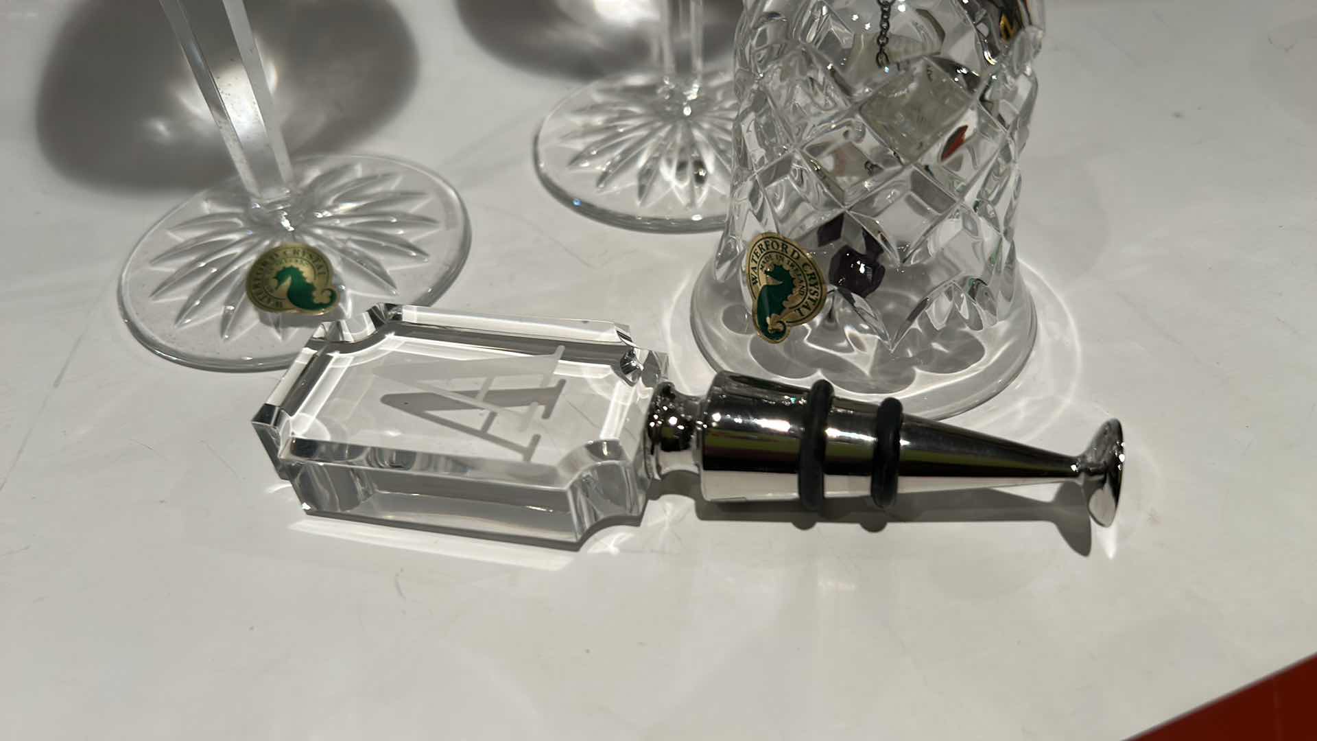 Photo 1 of 4 CRYSTAL PCS- CUT CRUSTAL FLUTE GLASSES, BELL AND WINE STOPPER