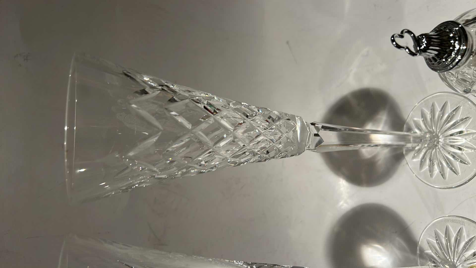 Photo 1 of 4 CRYSTAL PCS- CUT CRUSTAL FLUTE GLASSES, BELL AND WINE STOPPER