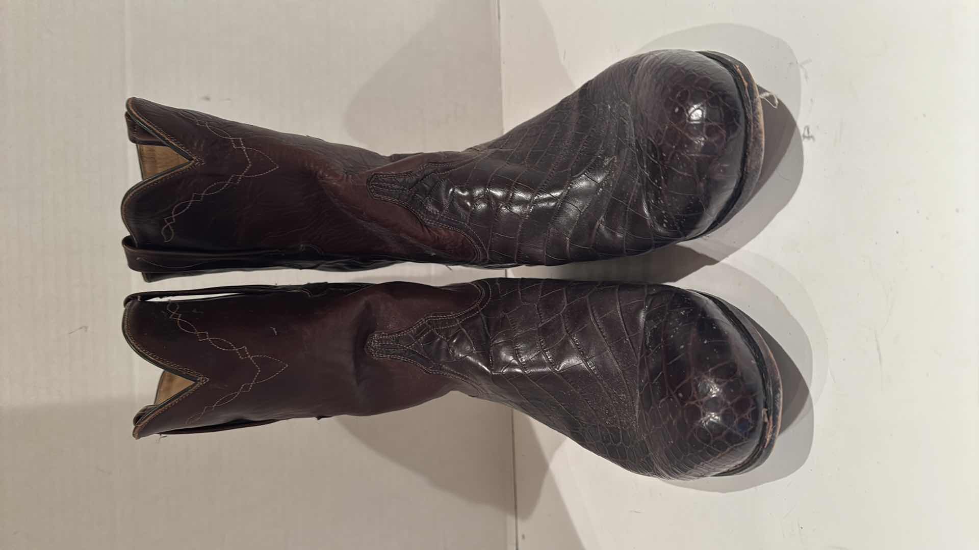 Photo 1 of LUCCHESE CLASSICS HAND-MADE DARK BROWN LEATHER SKIN MEN’S COWBOY BOOTS (SIZE 10)