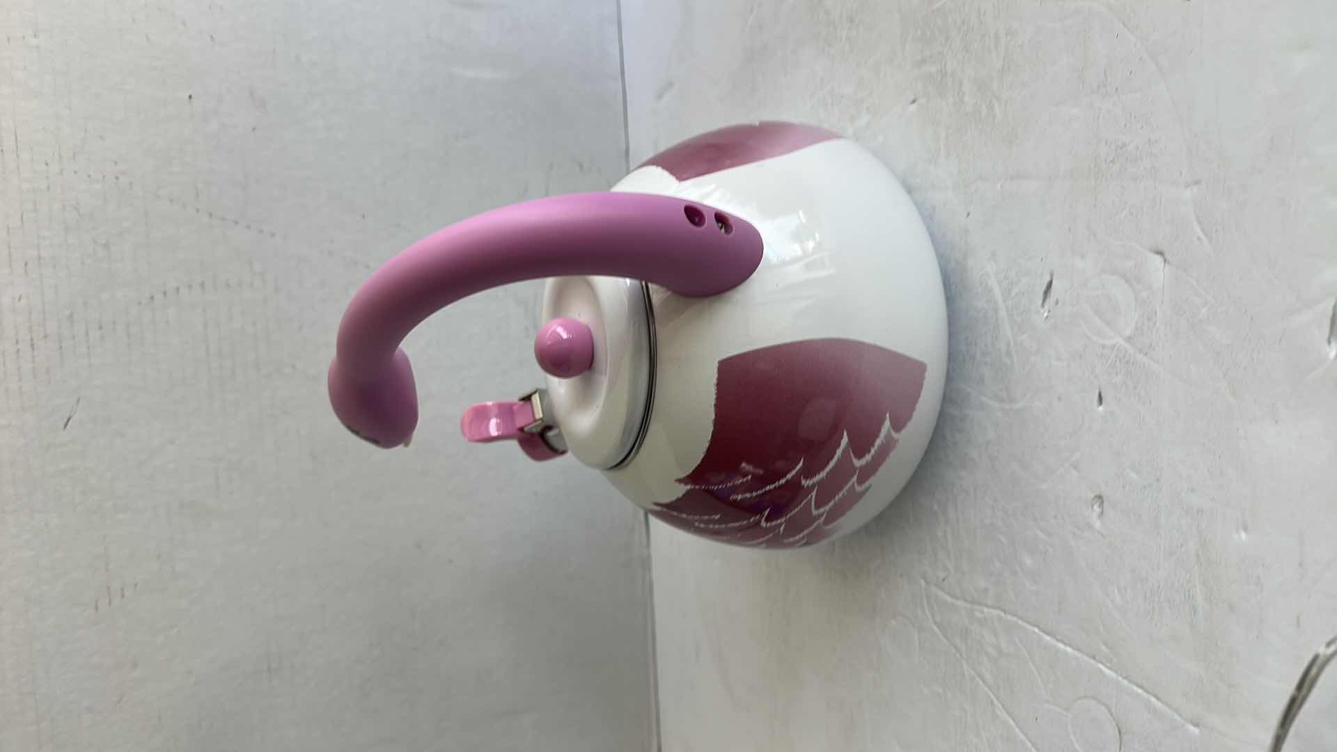 Photo 1 of SWAN PINK & WHITE ENAMEL TEA KETTLE