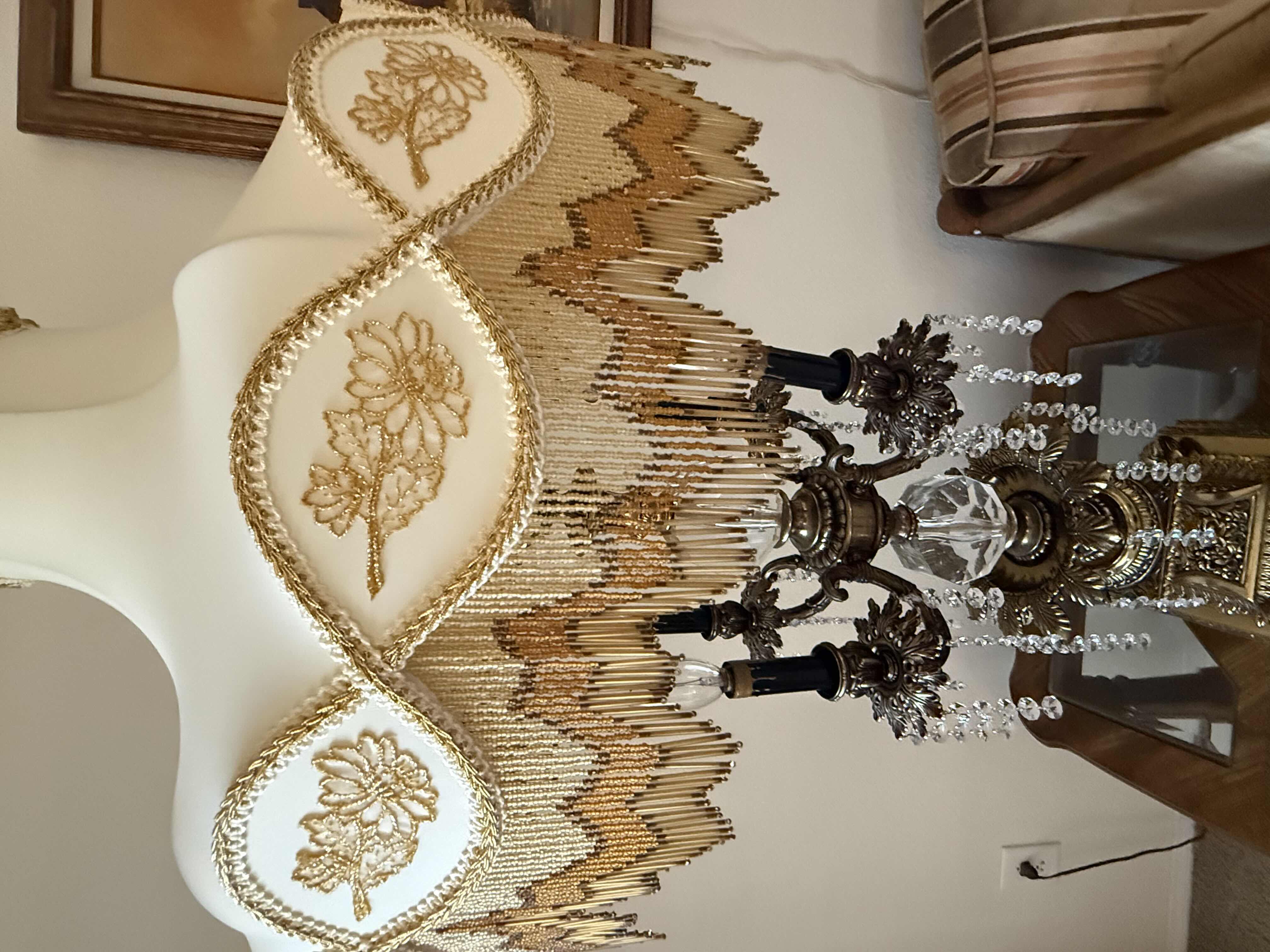 Photo 1 of RARE AZZOLIN BROTHERS ITALIAN PROVINCIAL SOLID BRASS W CRYSTAL CANDELABRA TABLE LAMP W TULIP GOLD BEADED SHADE H48” W 22”