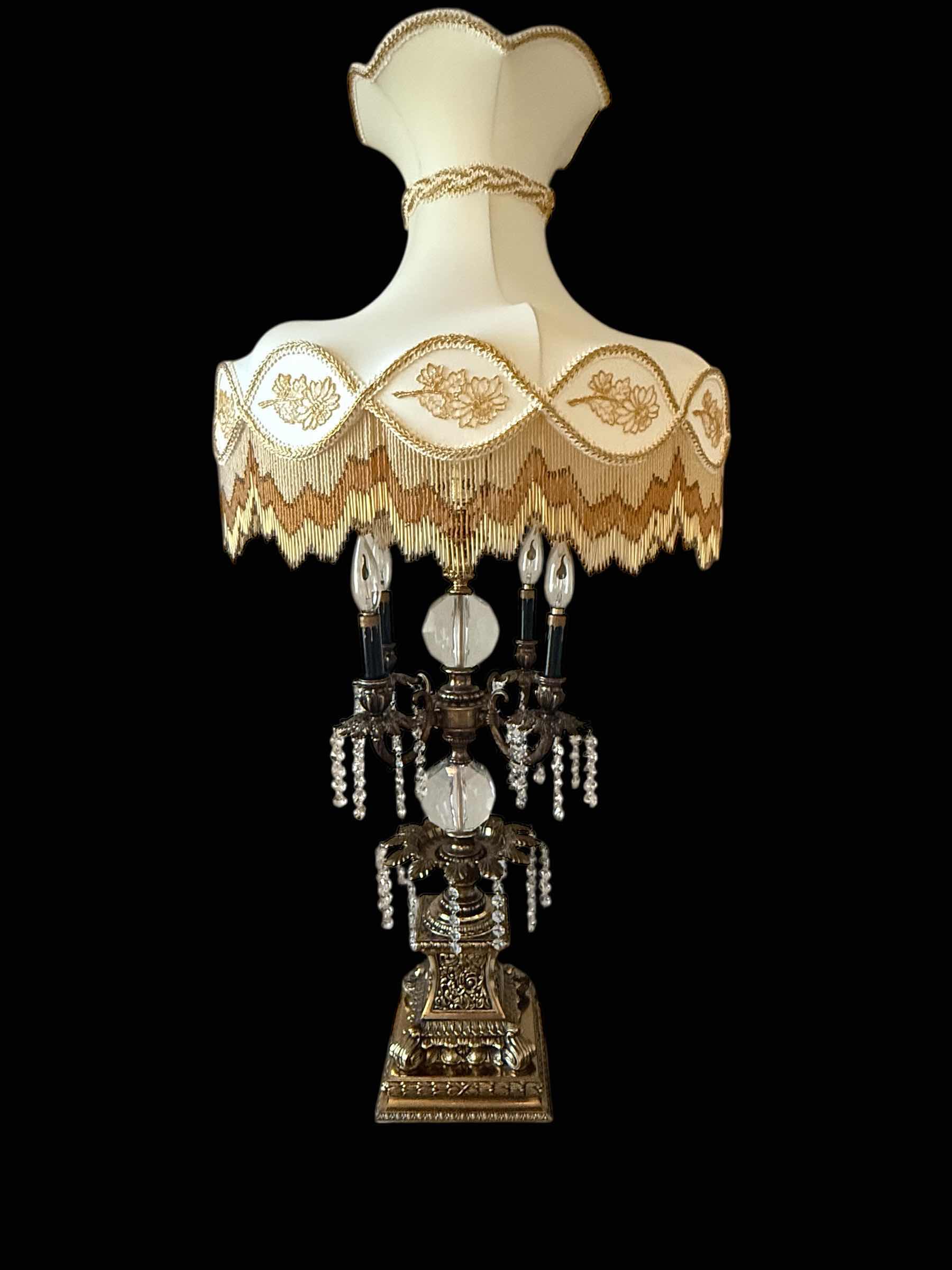 Photo 1 of RARE AZZOLIN BROTHERS ITALIAN PROVINCIAL SOLID BRASS W CRYSTAL CANDELABRA TABLE LAMP W TULIP GOLD BEADED SHADE H48” W 22”