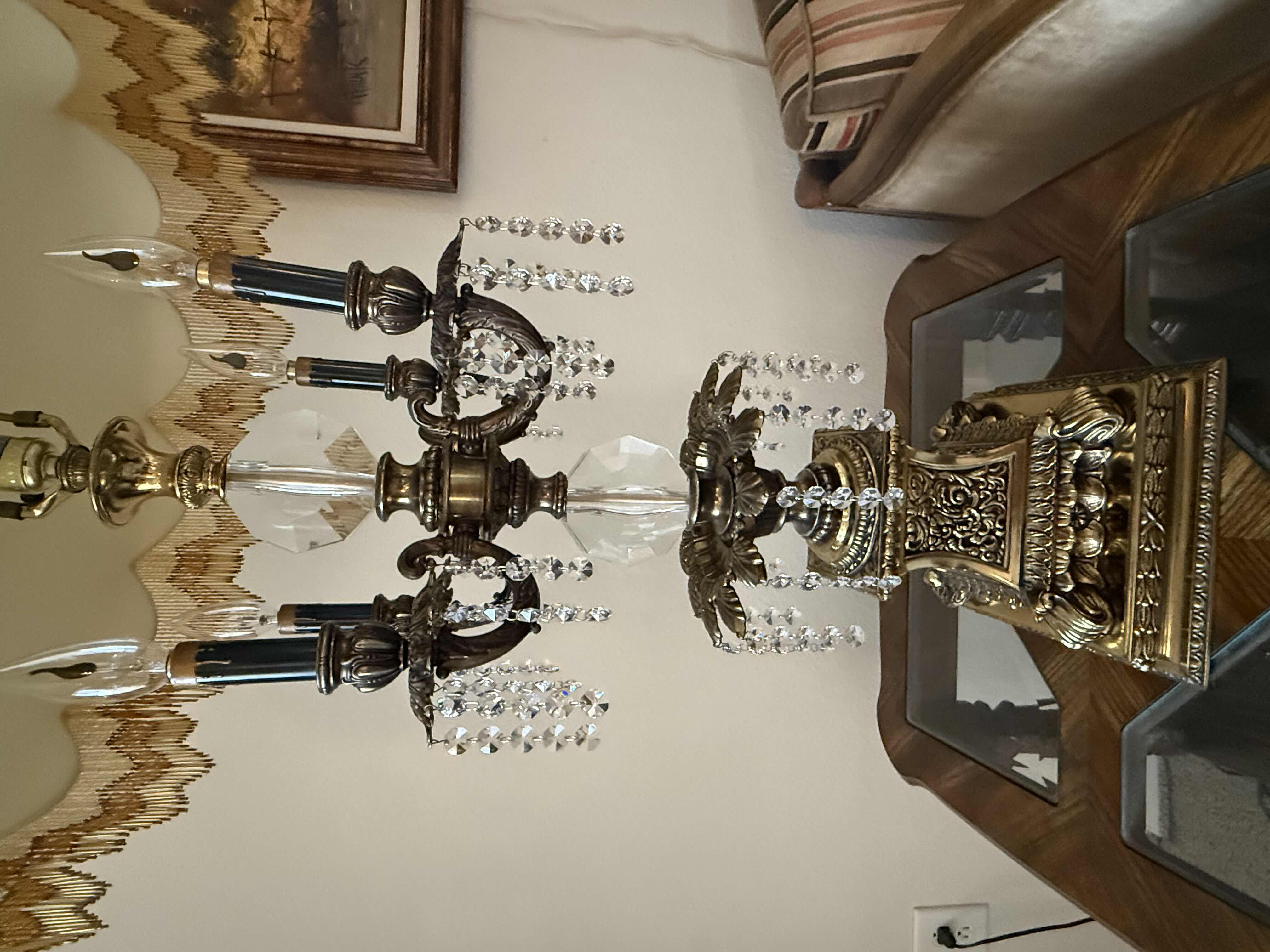 Photo 1 of RARE AZZOLIN BROTHERS ITALIAN PROVINCIAL SOLID BRASS W CRYSTAL CANDELABRA TABLE LAMP W TULIP GOLD BEADED SHADE H48” W 22”