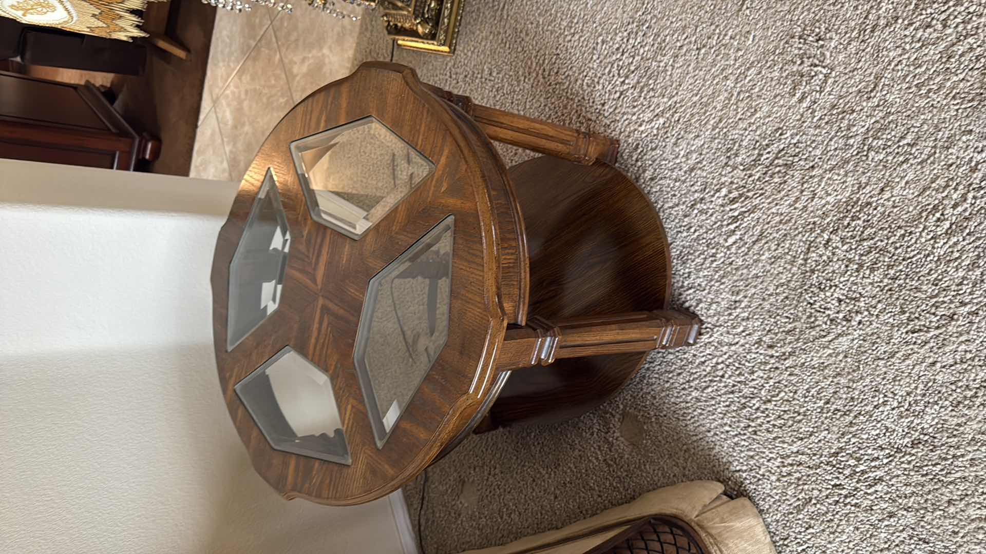 Photo 1 of VINTAGE WALNUT W GLASS INSETS SIDE TABLE 23” x 27” H22”