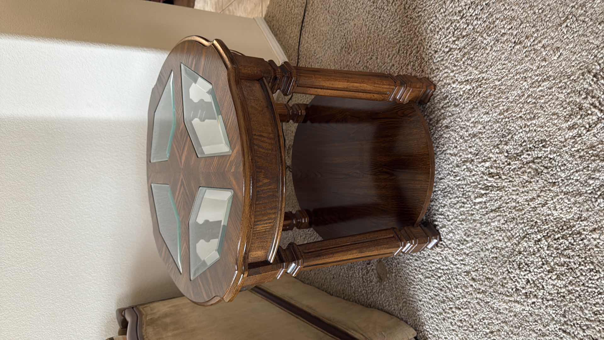 Photo 1 of VINTAGE WALNUT W GLASS INSETS SIDE TABLE 23” x 27” H22”