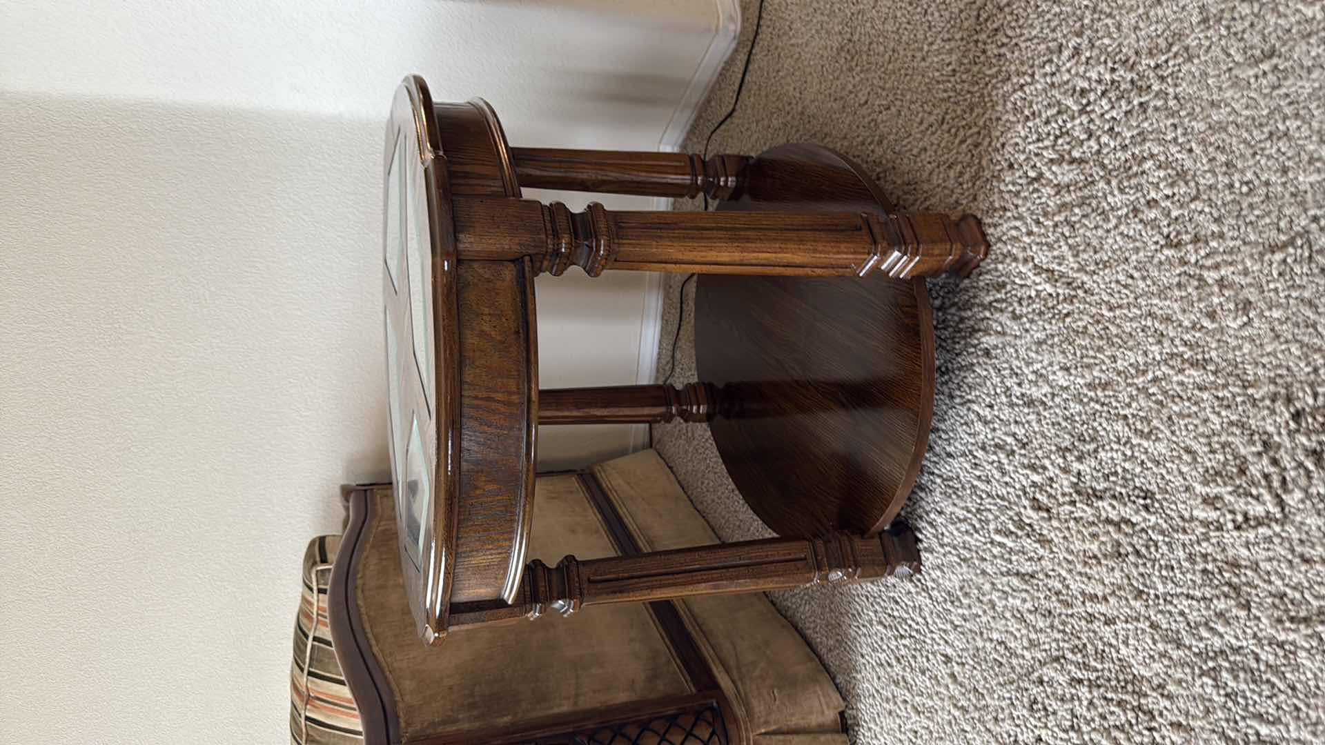 Photo 1 of VINTAGE WALNUT W GLASS INSETS SIDE TABLE 23” x 27” H22”