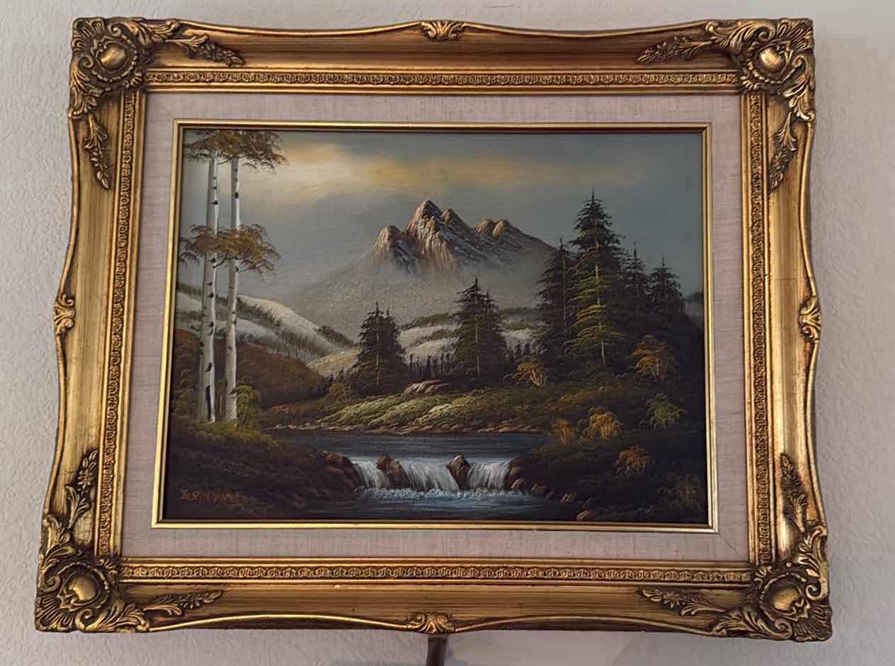 Photo 1 of VINTAGE FRAMED”MOUNTAIN RIVER” CANVAS ARTISTS SIGNED OIL PAINTING 22” x 17”