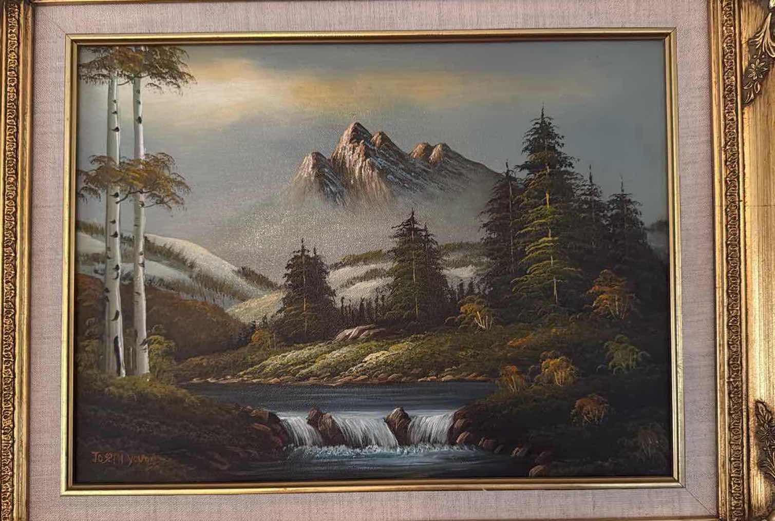 Photo 1 of VINTAGE FRAMED”MOUNTAIN RIVER” CANVAS ARTISTS SIGNED OIL PAINTING 22” x 17”