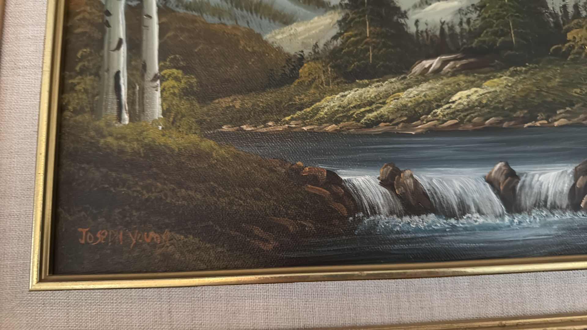 Photo 1 of VINTAGE FRAMED”MOUNTAIN RIVER” CANVAS ARTISTS SIGNED OIL PAINTING 22” x 17”