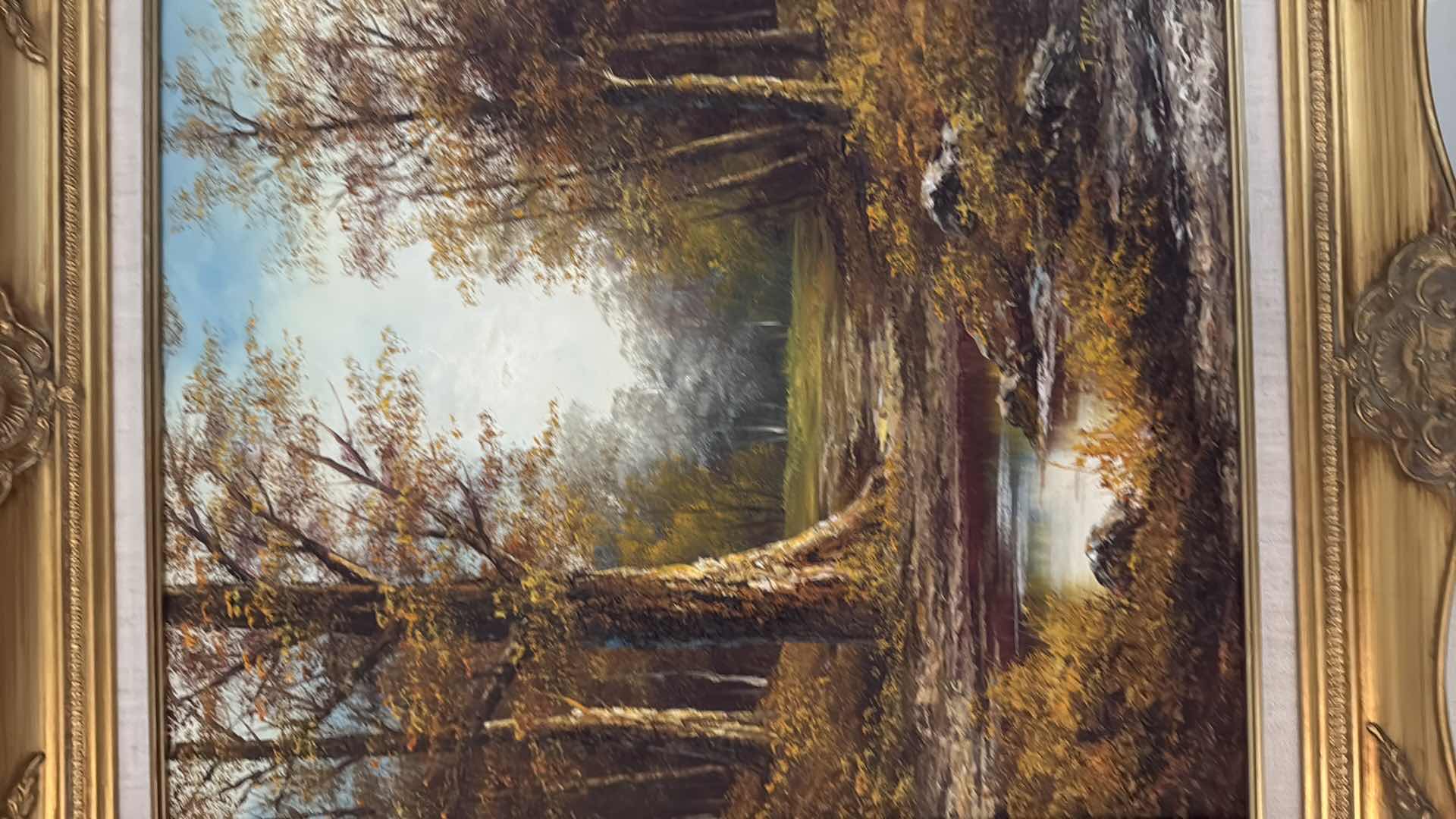 Photo 1 of VINTAGE GOLD ORNATE FRAMED”THE WOODS” CANVAS ARTISTS SIGNED OIL PAINTING 27” x 31”