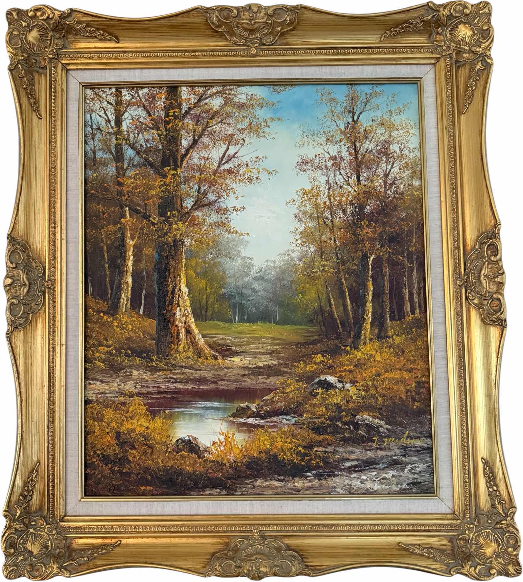Photo 1 of VINTAGE GOLD ORNATE FRAMED”THE WOODS” CANVAS ARTISTS SIGNED OIL PAINTING 27” x 31”