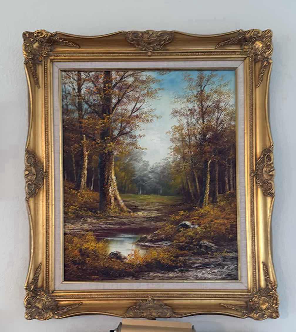 Photo 1 of VINTAGE GOLD ORNATE FRAMED”THE WOODS” CANVAS ARTISTS SIGNED OIL PAINTING 27” x 31”