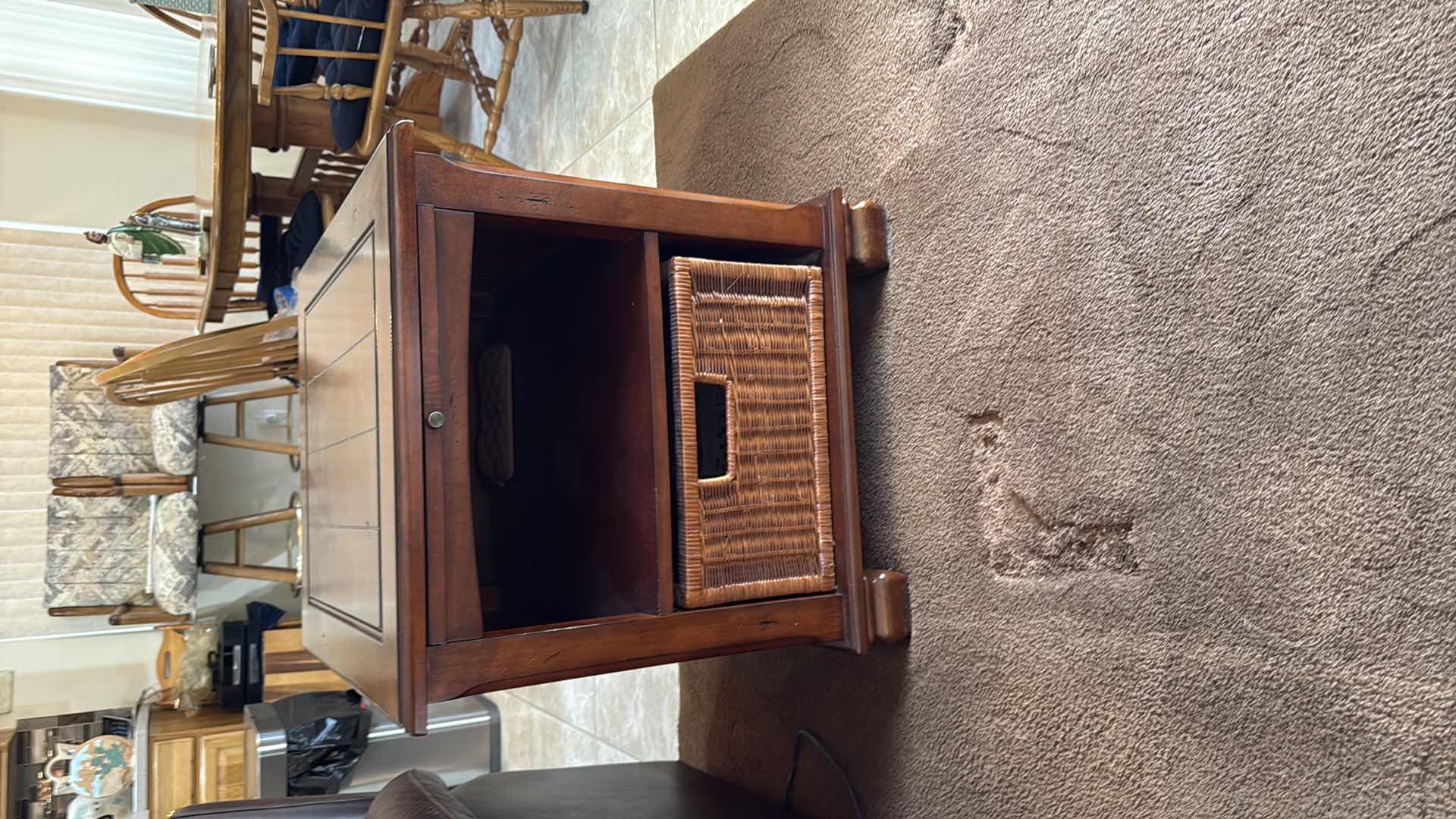Photo 1 of WALNUT WOOD SIDE TABLE W WICKER BASKET 24”x27” H25”