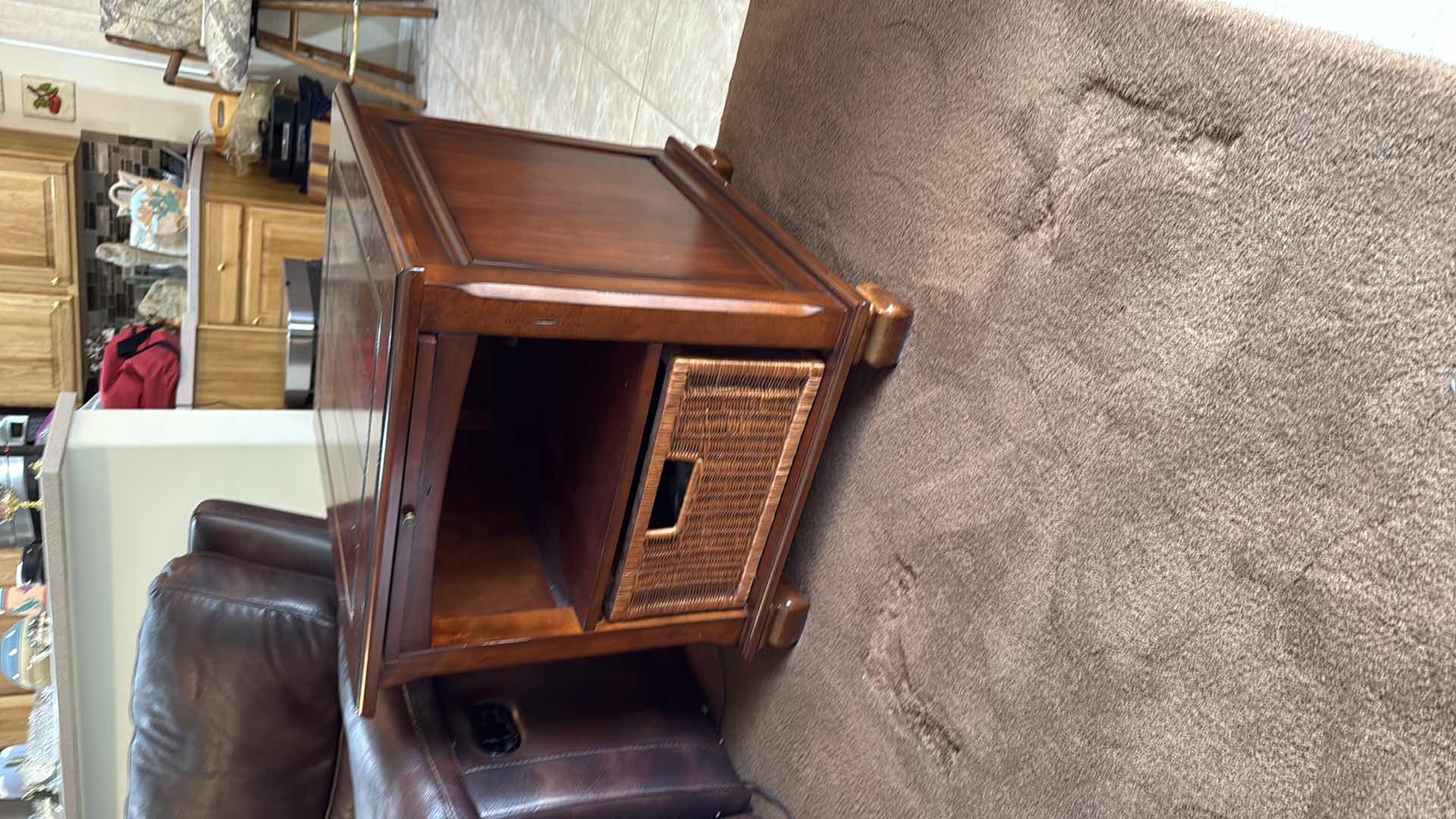 Photo 1 of WALNUT WOOD SIDE TABLE W WICKER BASKET 24”x27” H25”