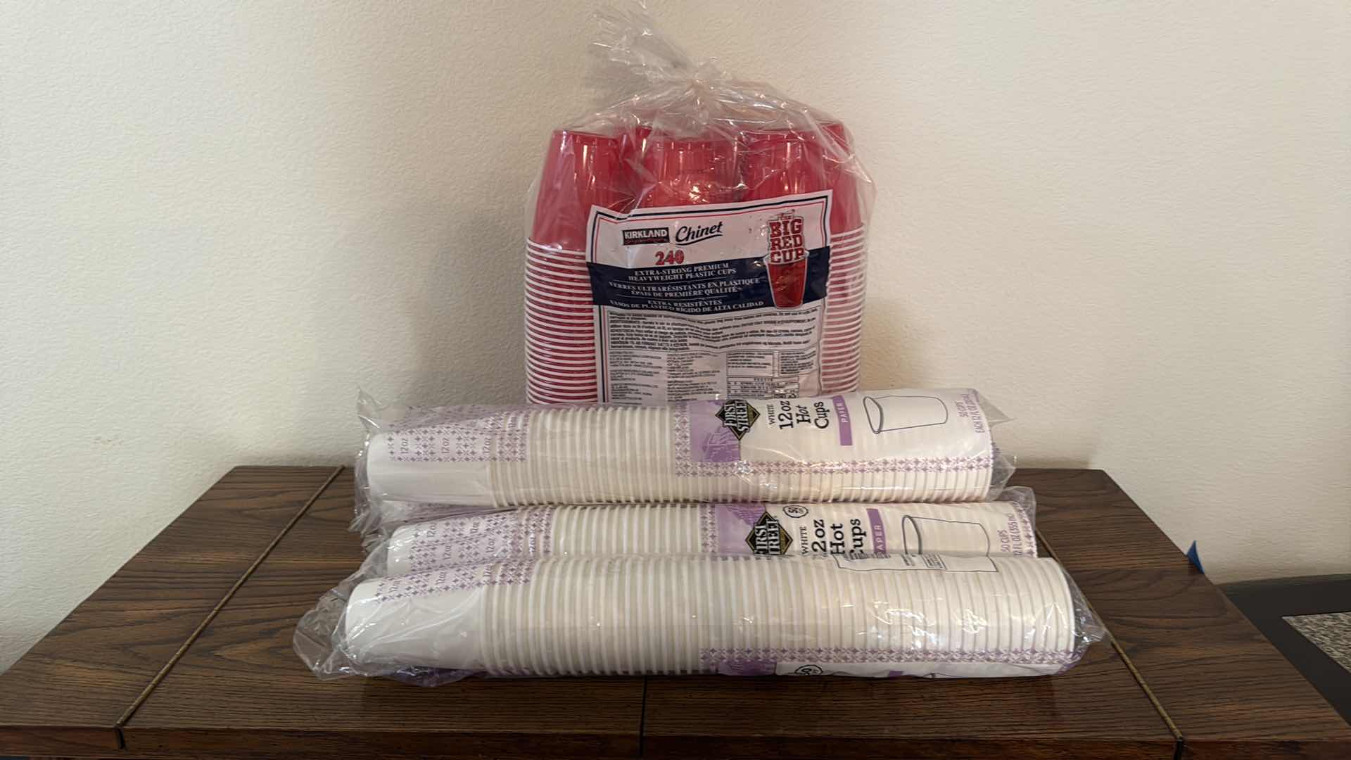 Photo 1 of NEW IN PACKAGES KIRKLAND 240 BIG RED CUPS, 4-50 COUNT FIRST STREET WHITE 12OZ HOT CUPS