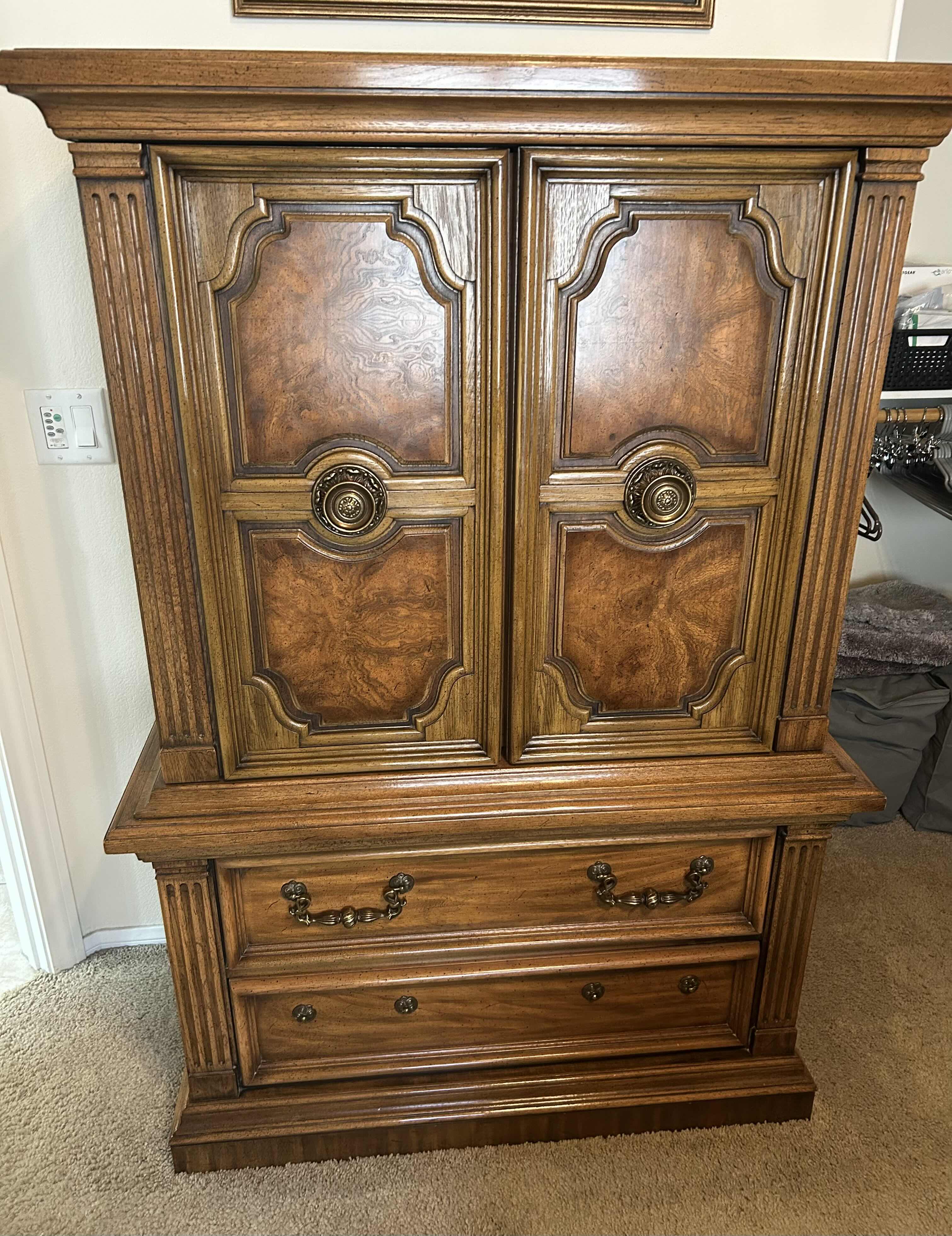 Photo 1 of VINTAGE WOODEN ARMOIRE FIRST FAMILY BY ARMSTRONG 40”X 17” H 60” MISSING 2 HANDLES