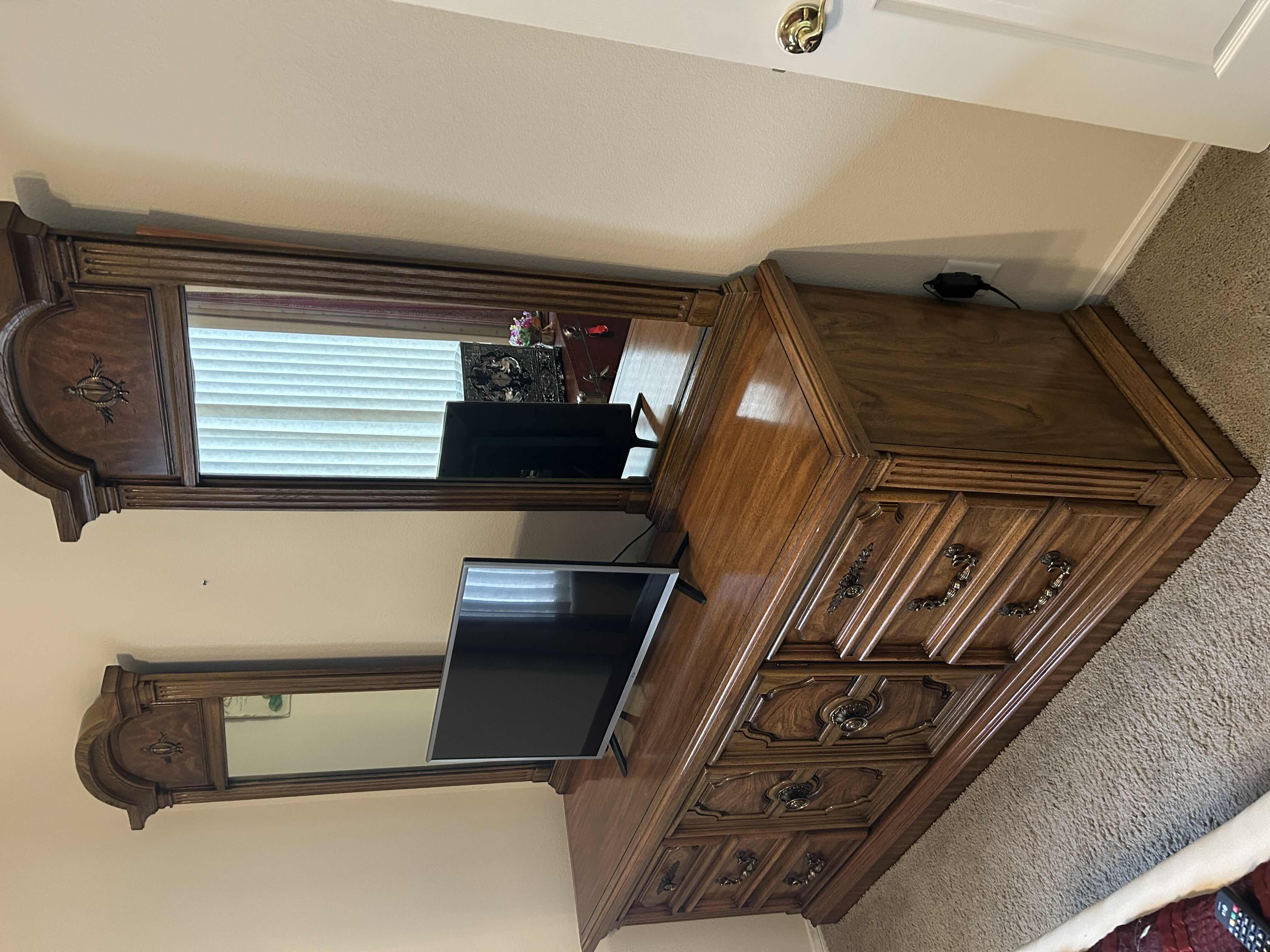 Photo 1 of VINTAGE WOODEN DRESSER W 2 MIRRORS FIRST FAMILY BY ARMSTRONG 76” X 20” H 3 TV SOLD SEPARATELY