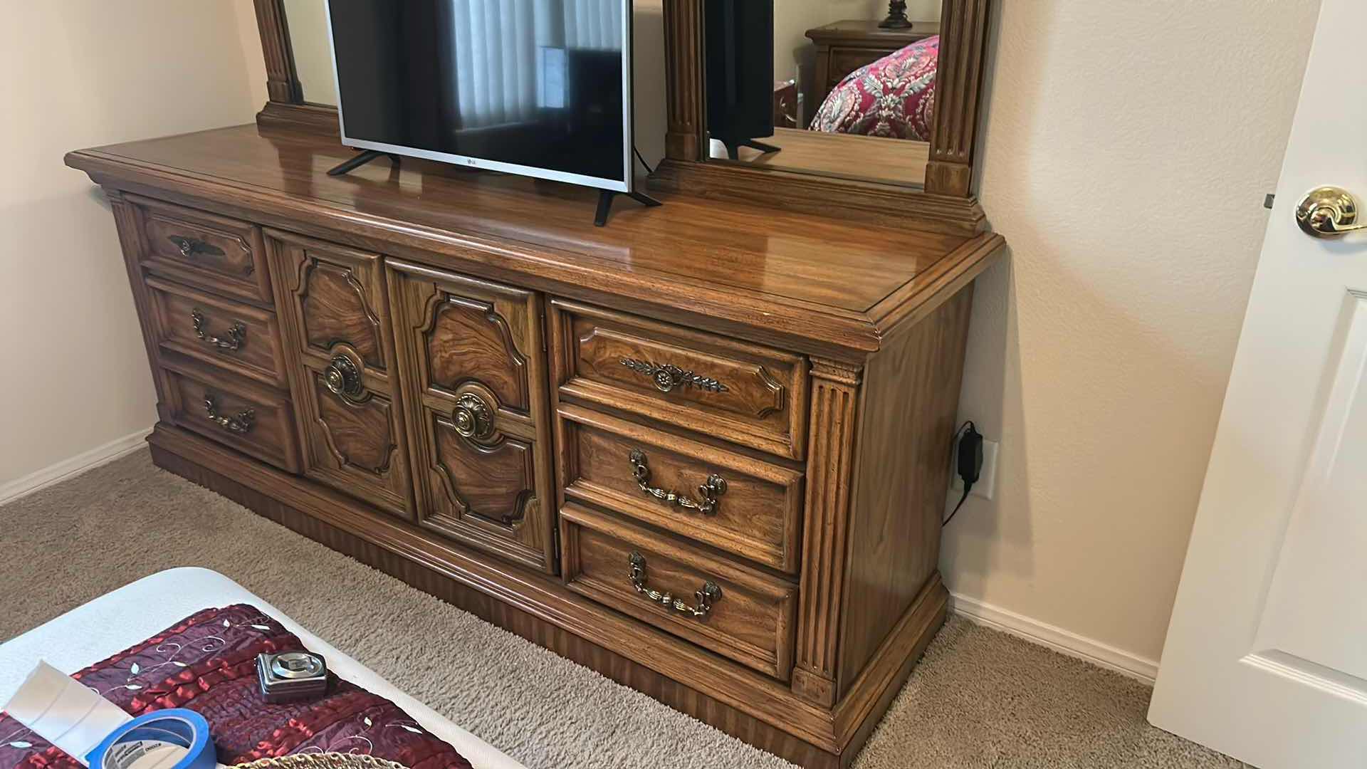 Photo 1 of VINTAGE WOODEN DRESSER  W 2 MIRRORS FIRST FAMILY BY ARMSTRONG 76” X 20” H 3 TV SOLD SEPARATELY 