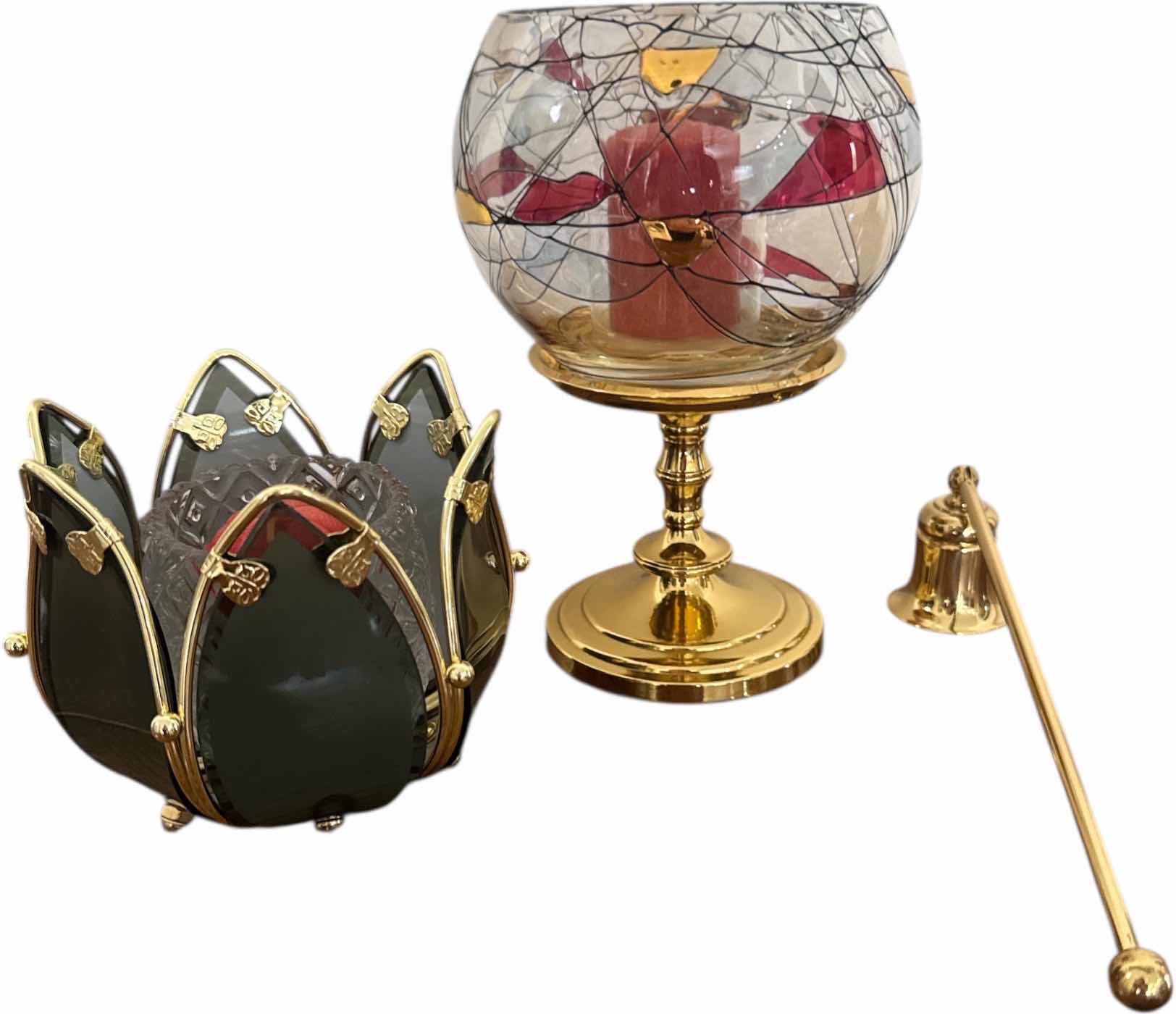 Photo 1 of VINTAGE DECORATIVE CANDLES WITH METAL GLASS HOLDERS AND CANDLE SNUFFER
H7” AND SMALLER