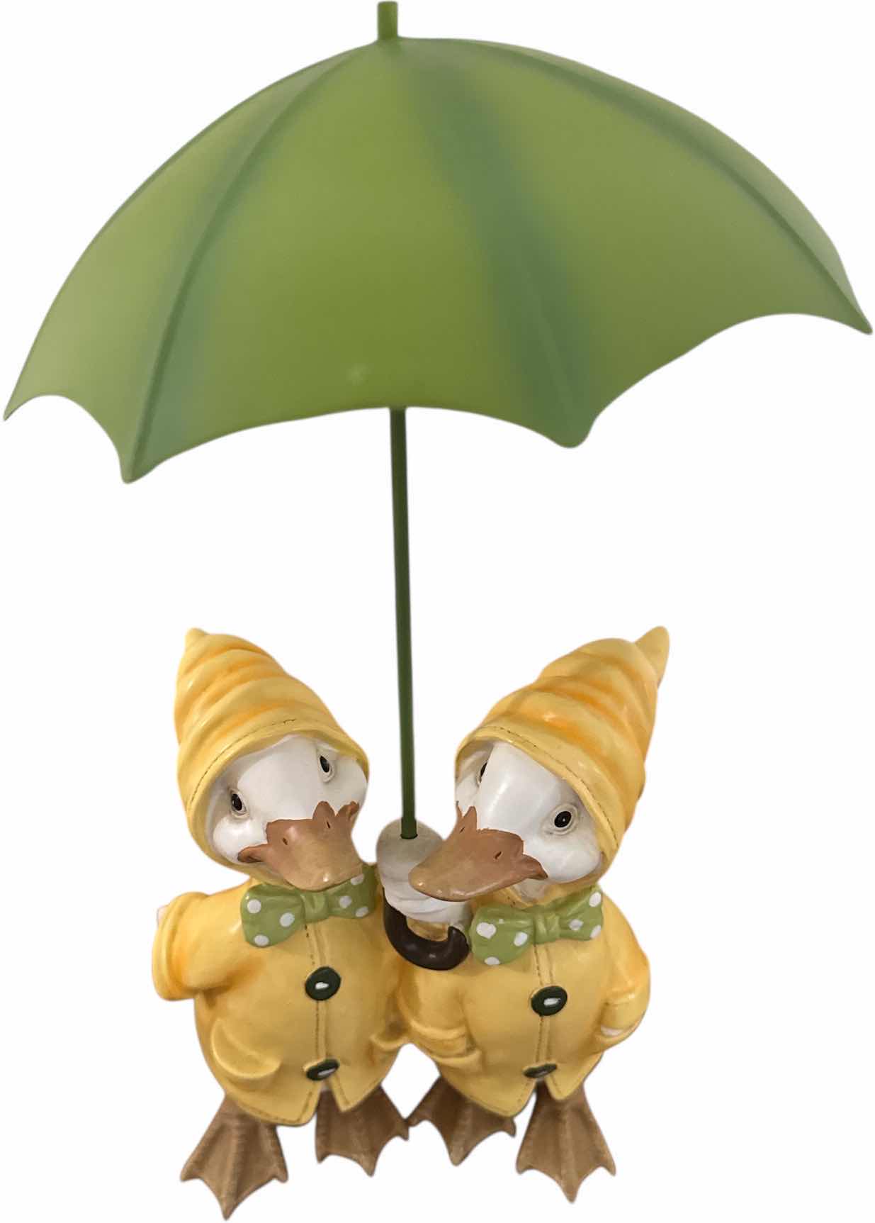 Photo 1 of VINTAGE RESIN RAINCOAT DUCKS FIGURINE WITH UMBRELLA 
H12.5”