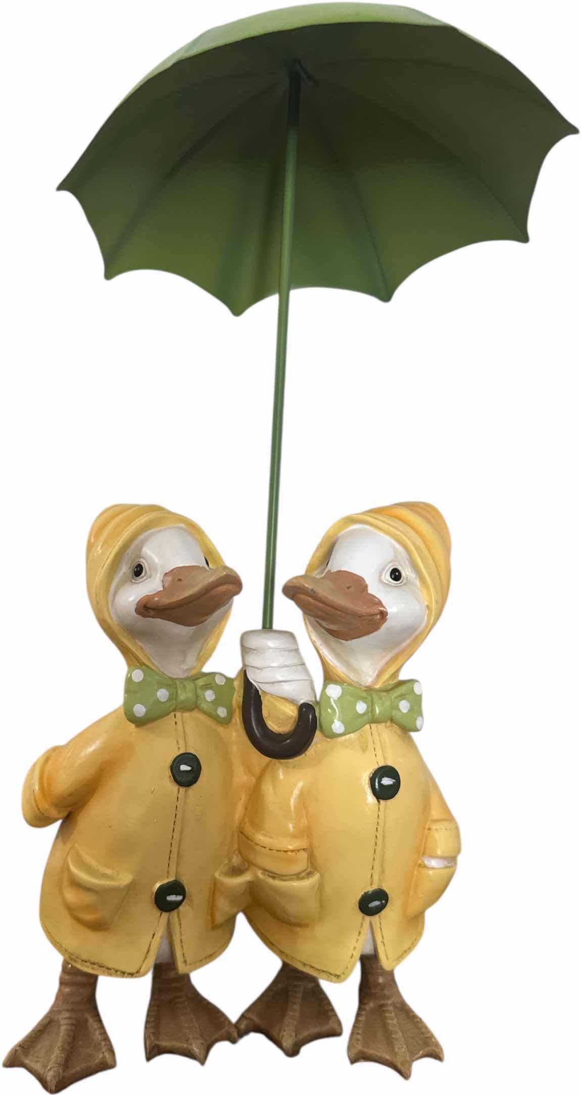 Photo 1 of VINTAGE RESIN RAINCOAT DUCKS FIGURINE WITH UMBRELLA 
H12.5”