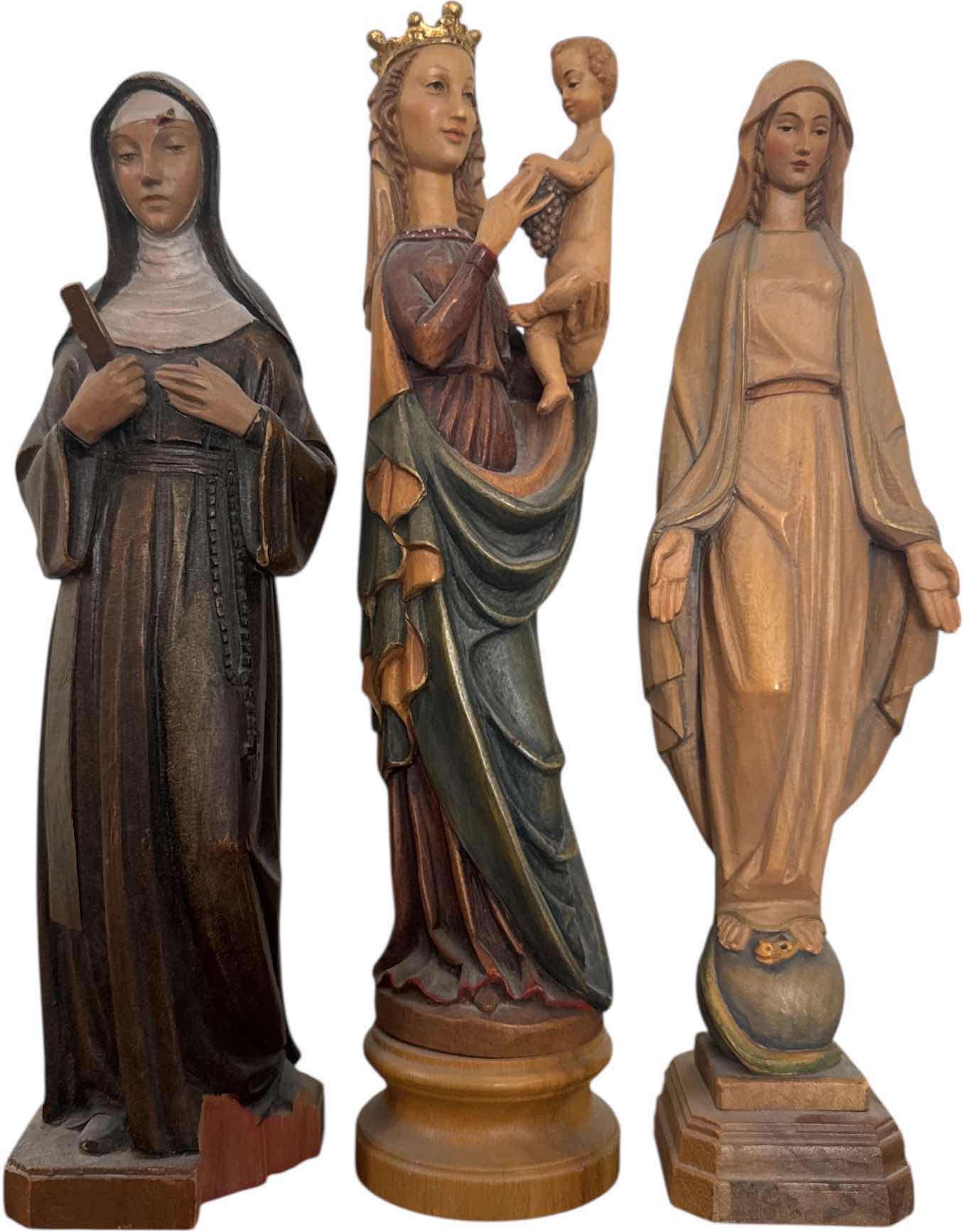 Photo 1 of 3- WOOD CARVED AND RESIN FIGURINES, SAINT RITA, VIRGINIA MARY, MADONNA AND CHILD
H10.5” AND SMALLER