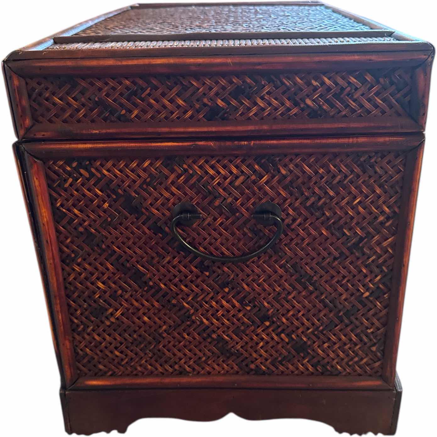 Photo 1 of VINTAGE BROWN WOOD AND WICKER TRUNK WITH METAL LATCH
22” X 12” X H14”