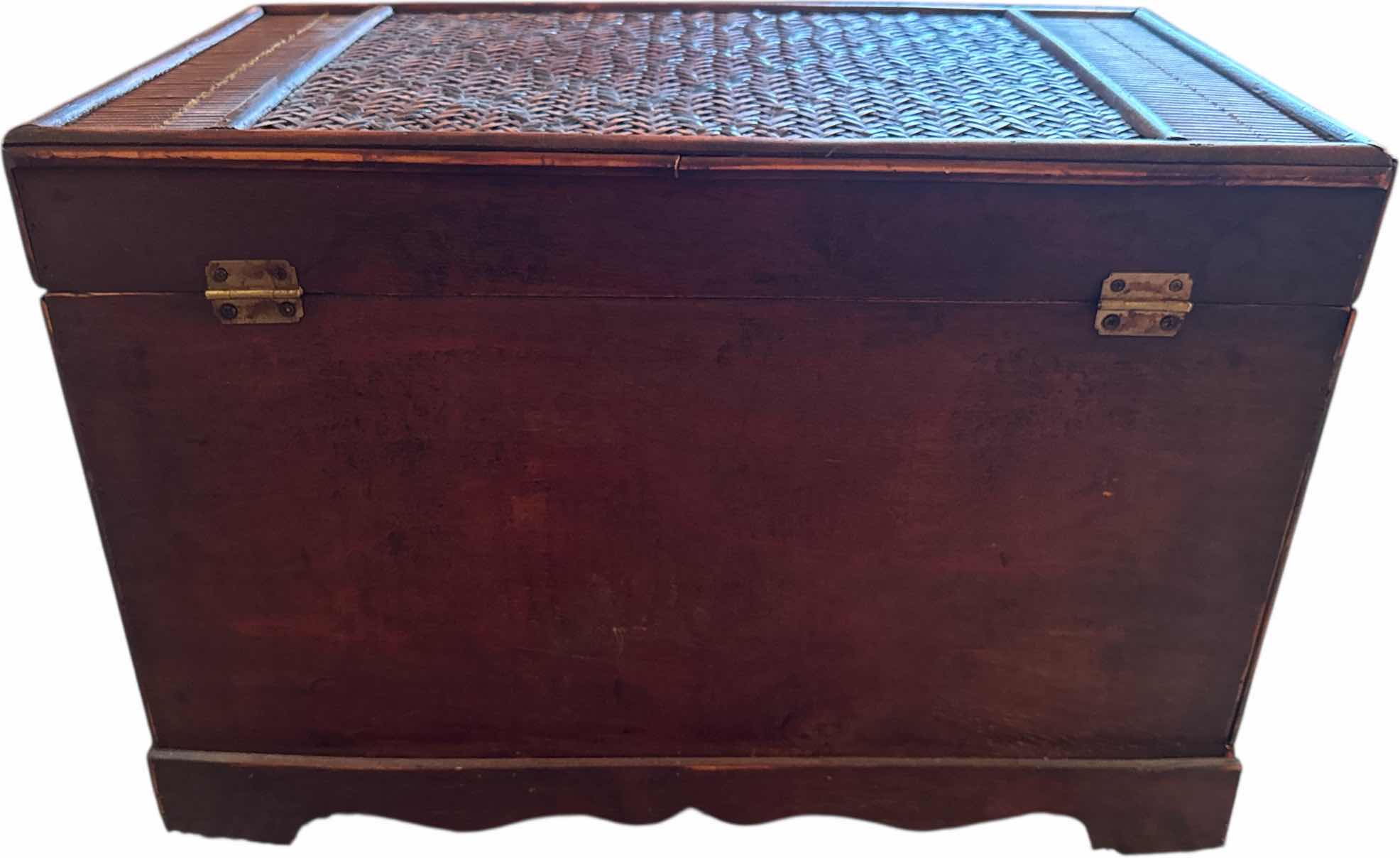 Photo 1 of VINTAGE BROWN WOOD AND WICKER TRUNK WITH METAL LATCH
22” X 12” X H14”