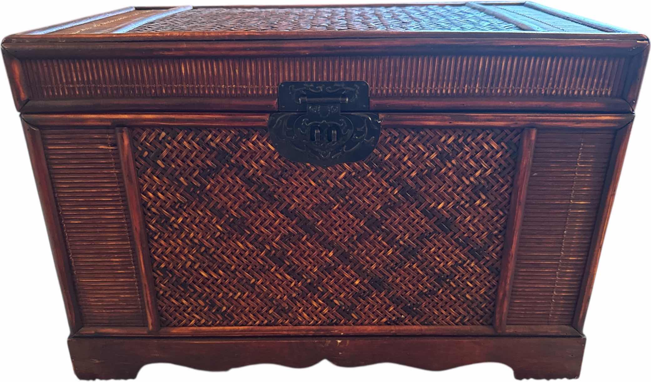 Photo 1 of VINTAGE BROWN WOOD AND WICKER TRUNK WITH METAL LATCH
22” X 12” X H14”