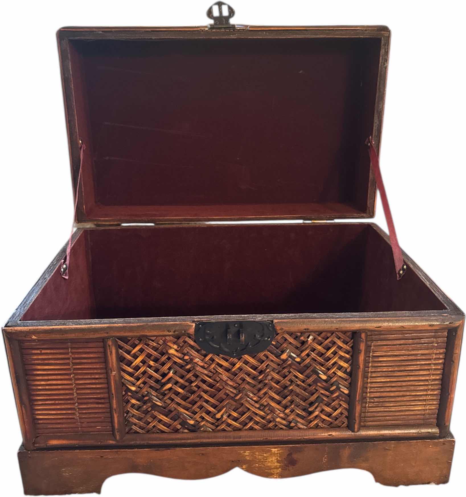 Photo 1 of VINTAGE BROWN WOOD AND WICKER WICKER TRUNK WITH METAL LATCH
14.24” X 8.75” X H9”