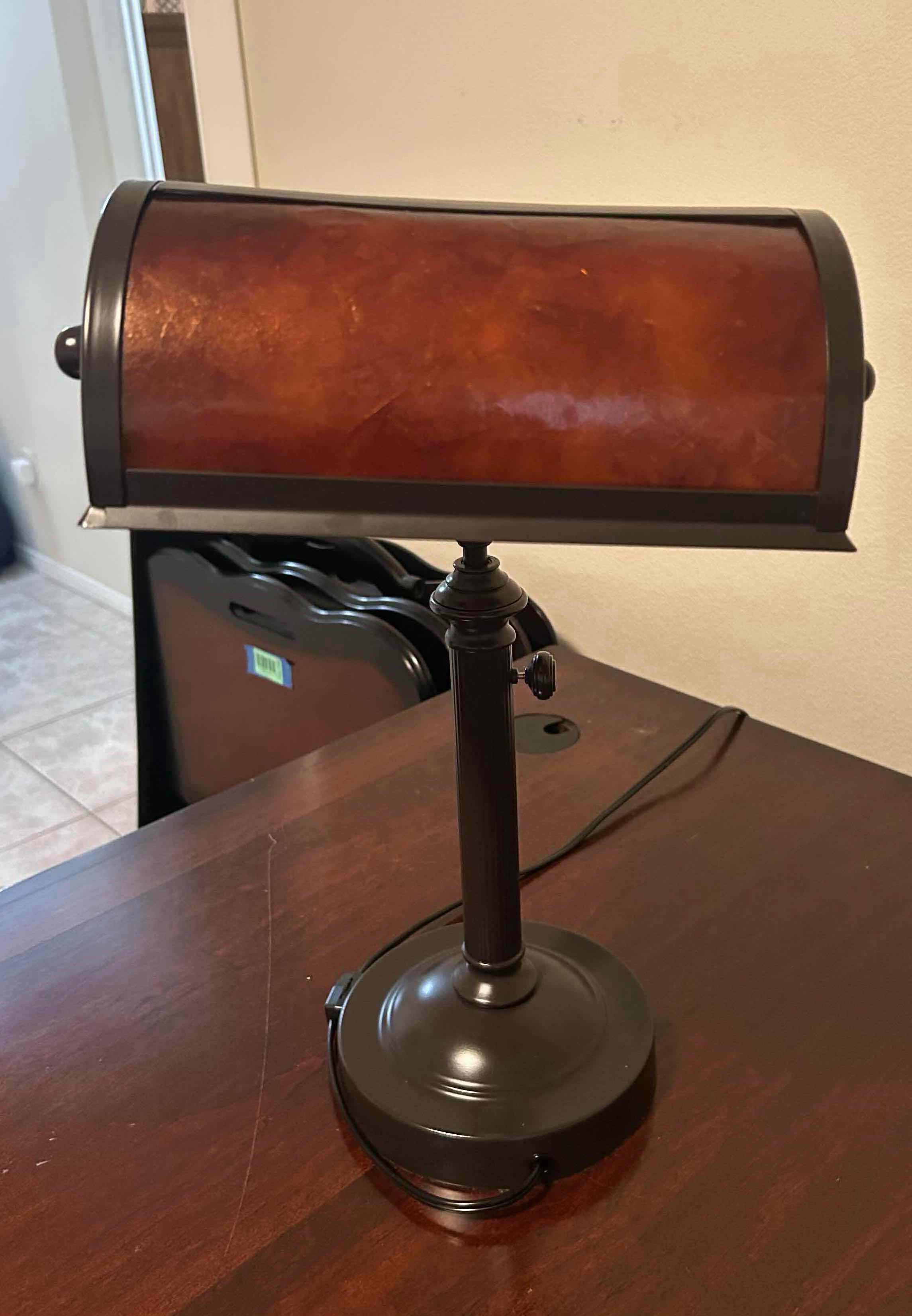 Photo 1 of VINTAGE MISSION STYLE BANKERS LAMP W AMBER SHADE H 21”
