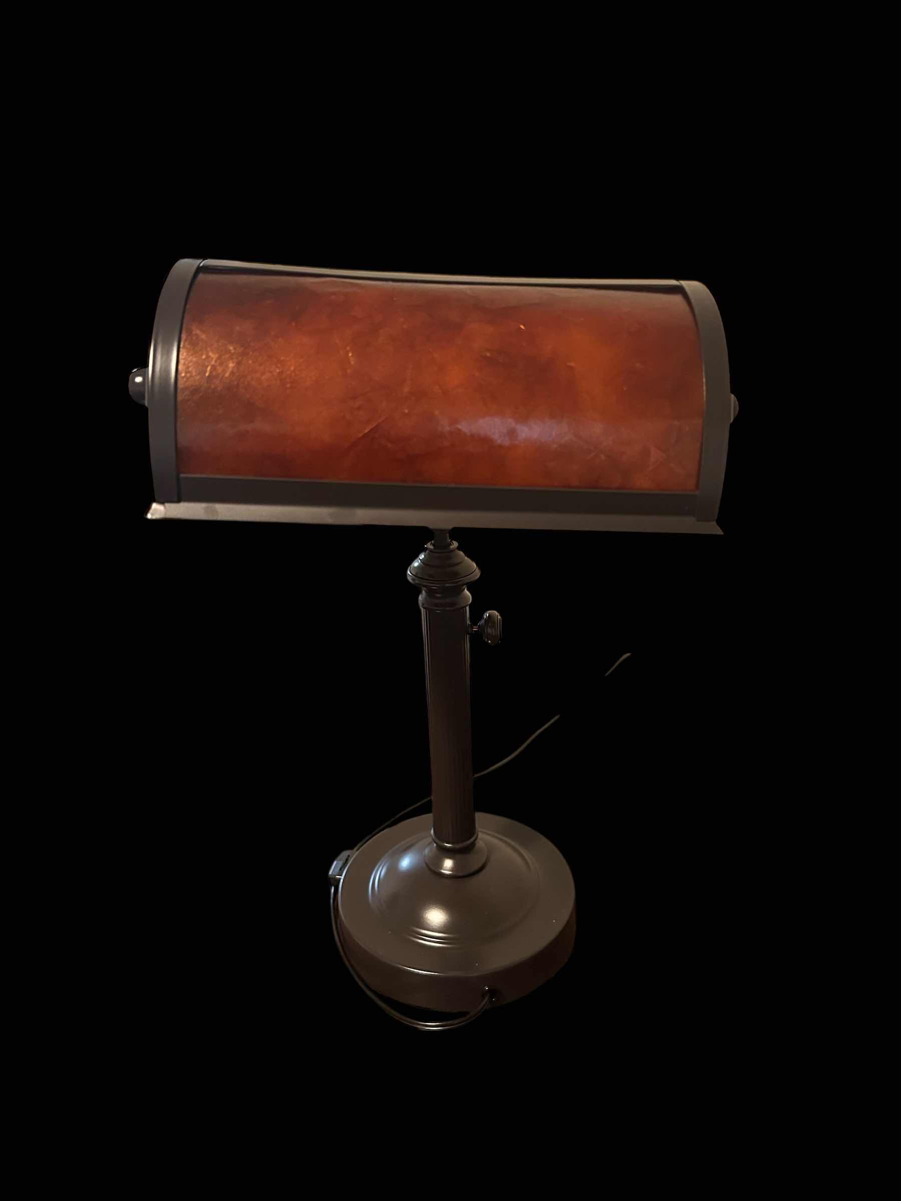 Photo 1 of VINTAGE MISSION STYLE BANKERS LAMP W AMBER SHADE H 21”