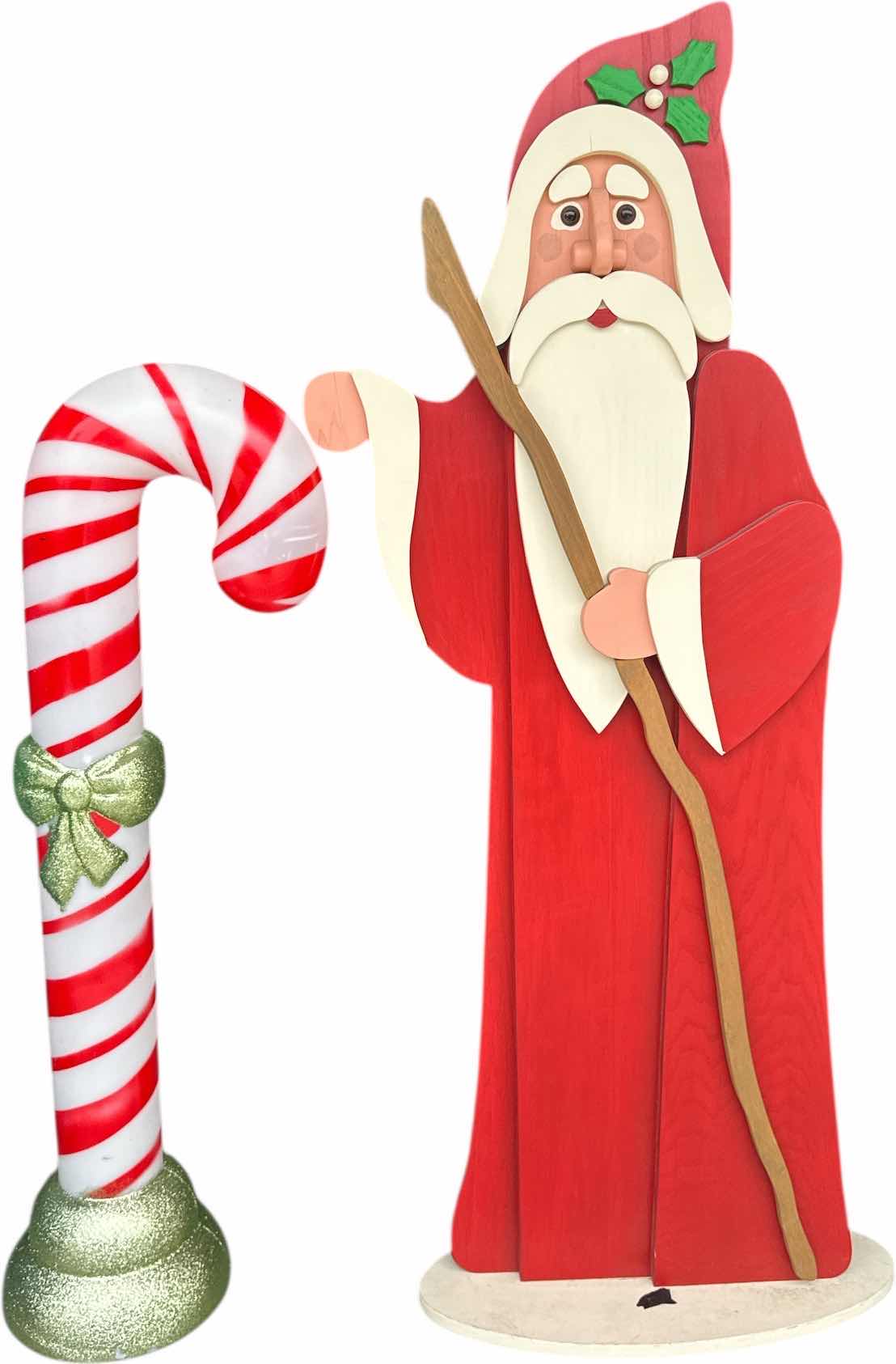Photo 1 of HOLIDAY OUTDOOR DECOR CANDY CANE AND WOODEN SANTA CLAUSE
H56” AND SMALLER