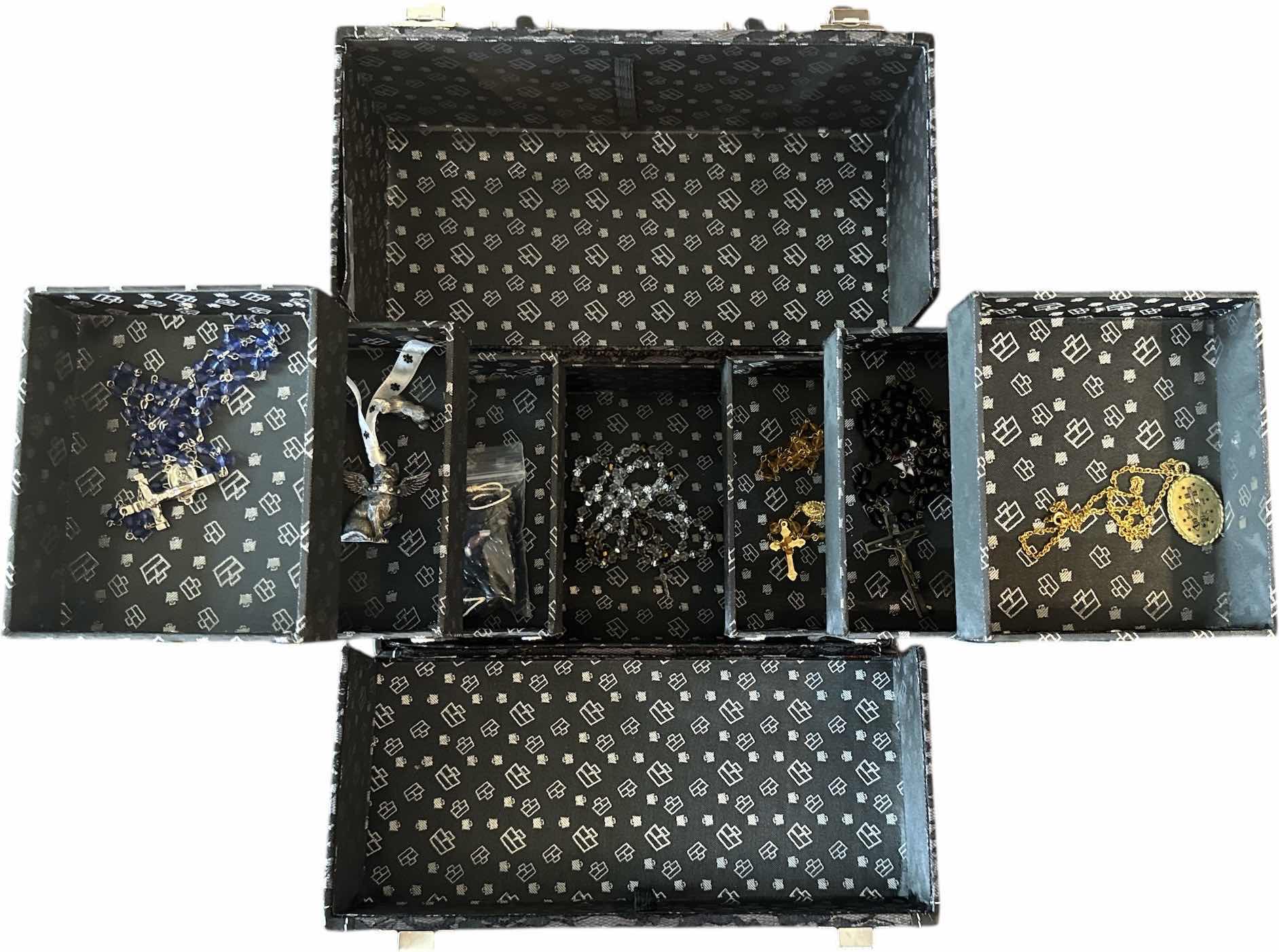 Photo 1 of VINTAGE TRAVEL JEWELRY BOX WITH ROSARIES 
11.5” X 6.5” X H8.5”