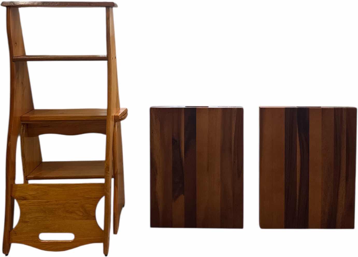 Photo 1 of 3- CONVERTIBLE FOLDABLE WOODEN CHAIR/STEPLADDER AND REAL SIMPLE CUTTING BOARDS
WOODEN CHAIR
15” X 15” X H33”