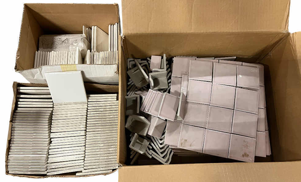 Photo 1 of MIXED TILE PALLET- WHITE TILE 4.25” X 4.25” PINK TILE 3” X 3” (APPROX 268PCS)