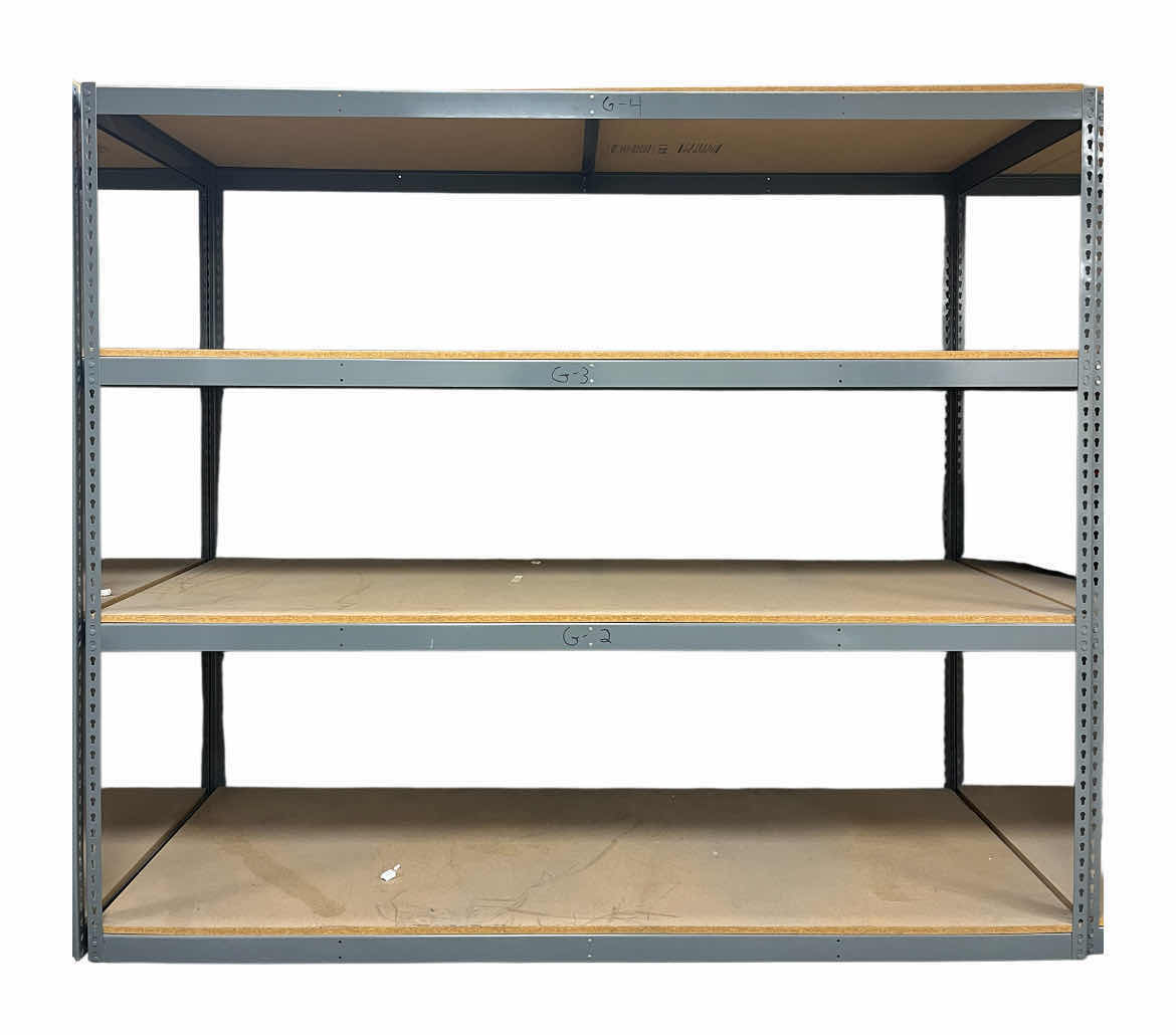 Photo 1 of HEAVY-DUTY STEEL STORAGE RACKS W PRESSED WOOD SHELVES 96” X 36.75” H84.5” (READ NOTES)