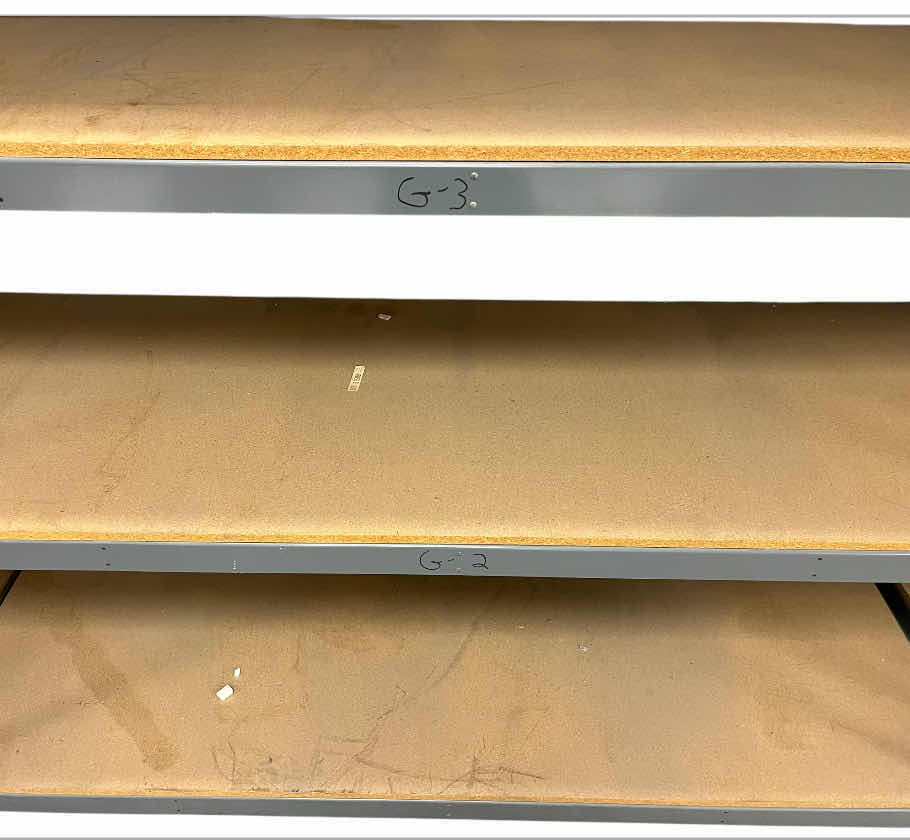 Photo 1 of HEAVY-DUTY STEEL STORAGE RACKS W PRESSED WOOD SHELVES 96” X 36.75” H84.5” (READ NOTES)