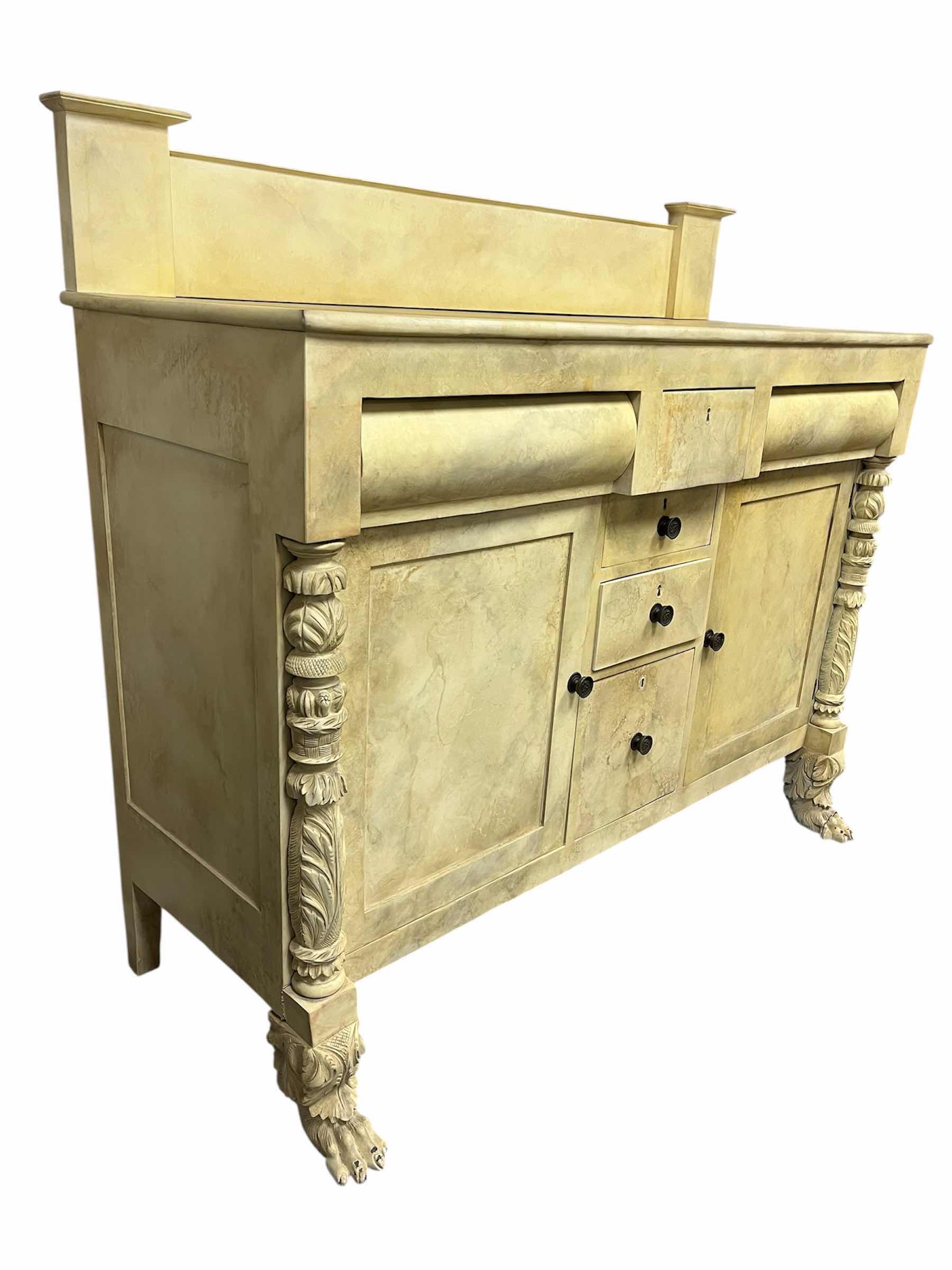 Photo 1 of ANTIQUE CUSTOM MARBLE FINISH WOOD CLAW FOOT SIDEBOARD 60.5” X 25.5” H54.5”