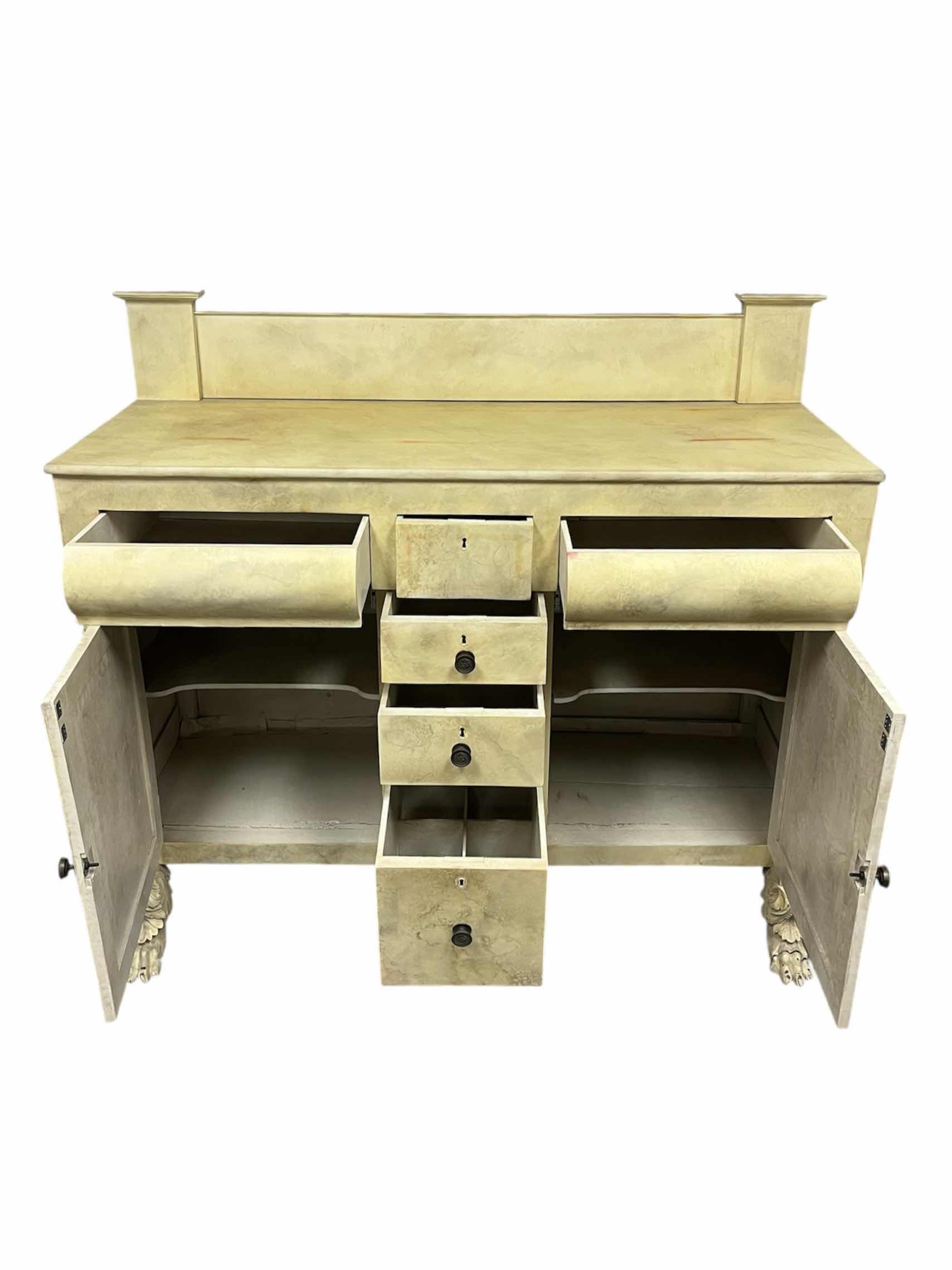 Photo 1 of ANTIQUE CUSTOM MARBLE FINISH WOOD CLAW FOOT SIDEBOARD 60.5” X 25.5” H54.5”