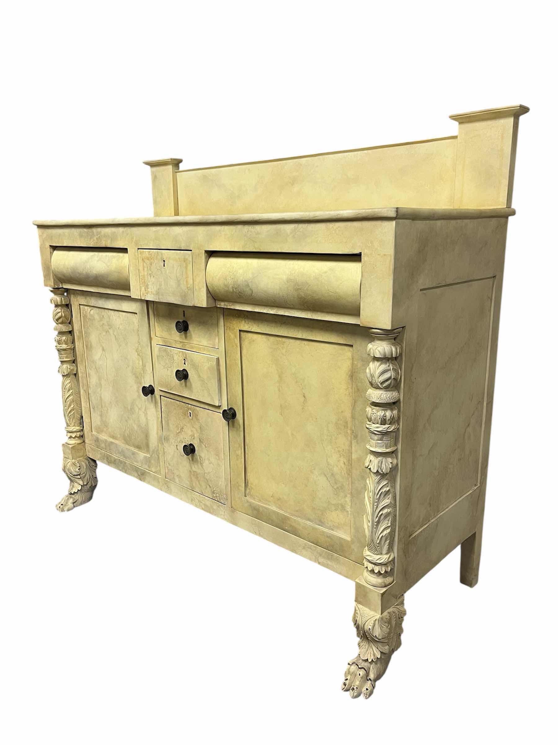 Photo 1 of ANTIQUE CUSTOM MARBLE FINISH WOOD CLAW FOOT SIDEBOARD 60.5” X 25.5” H54.5”
