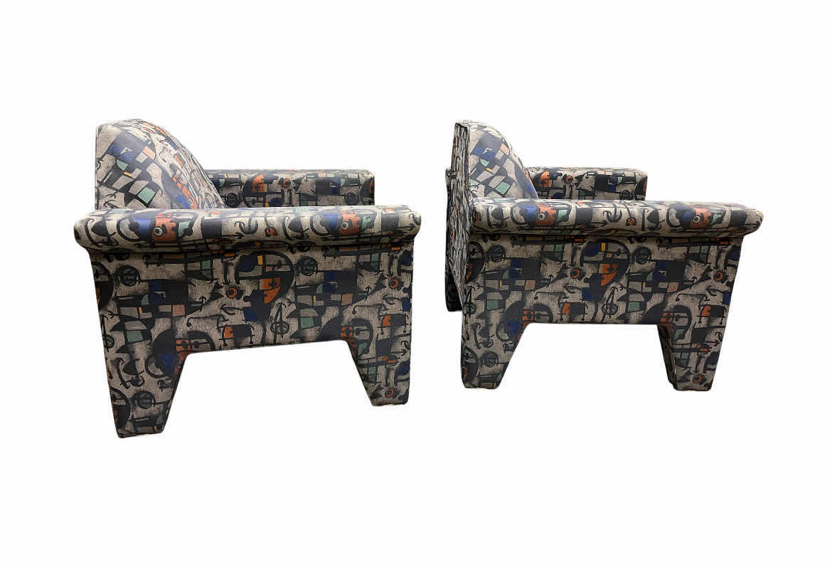 Photo 1 of ERG INTERNATIONAL ABSTRACT UPHOLSTERED CHAIRS (2) 34” X 31” H31.5”