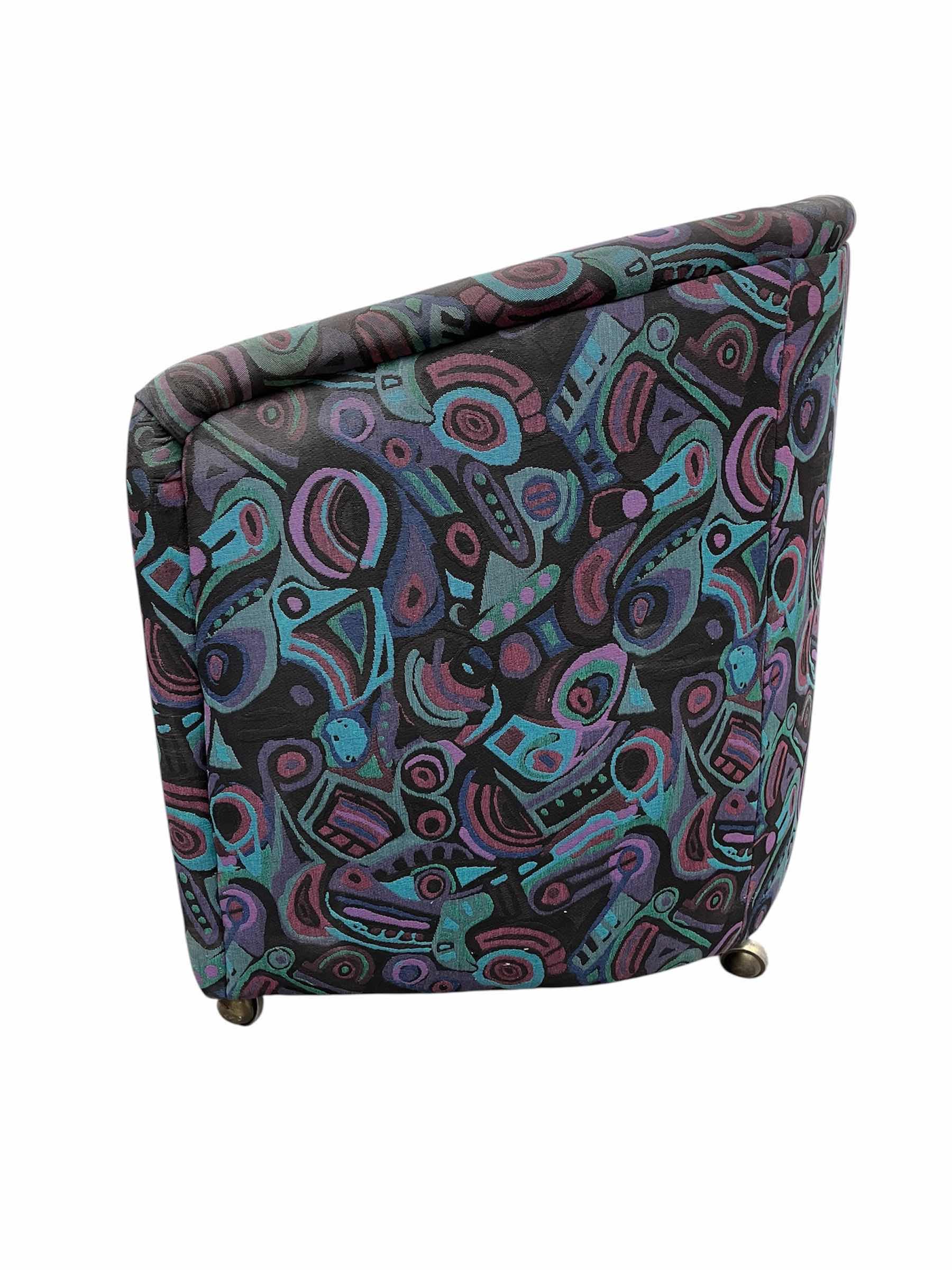 Photo 1 of ABSTRACT MULTI-COLOR PATTERN UPHOLSTERED ROLLING BARREL CHAIR 25” X 23” H30”