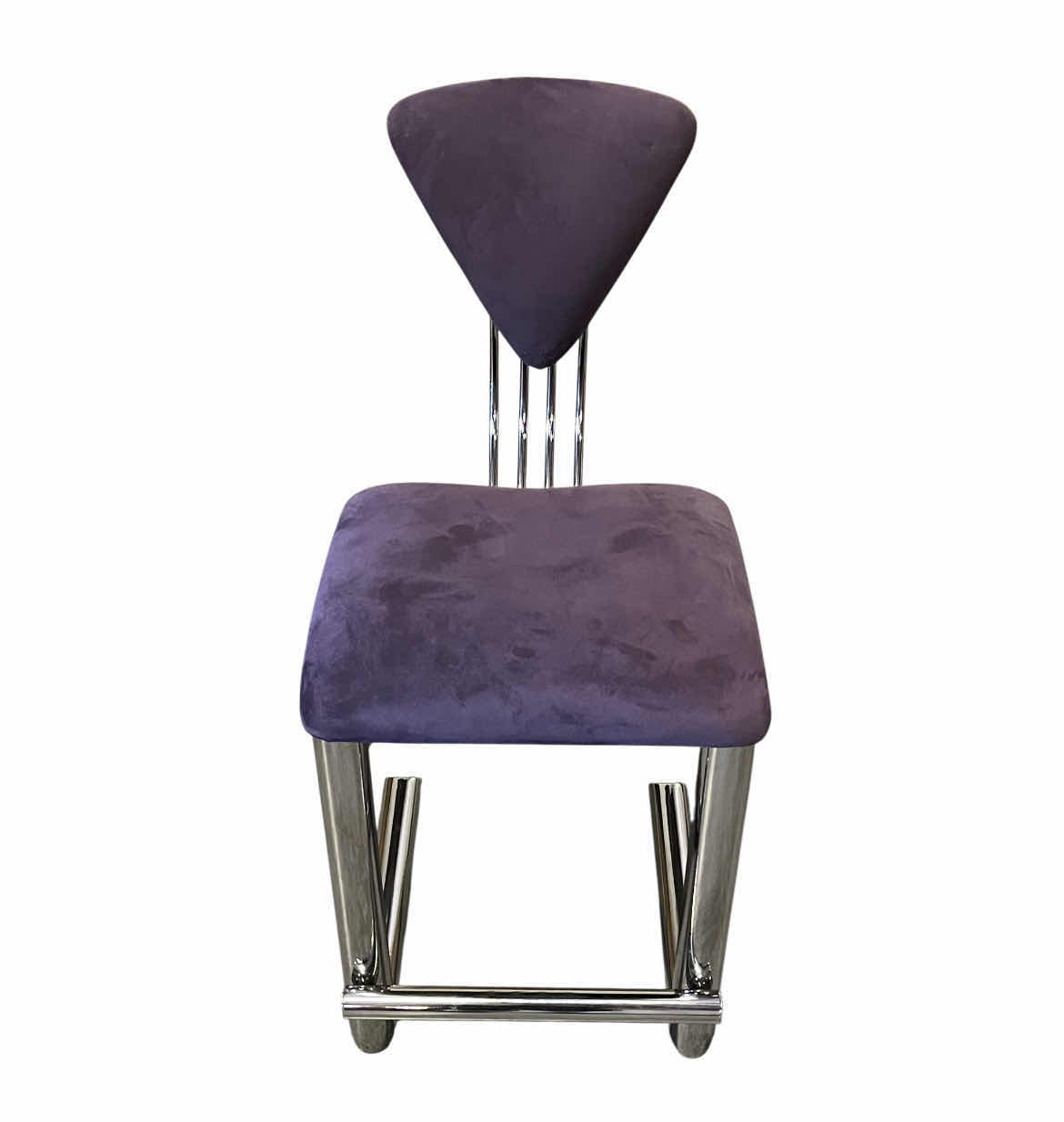 Photo 1 of ETTORE SOTTSASS MEMPHIS STYLE PURPLE UPHOLSTERED & CHROME BASE DINING CHAIRS (4) 19.5” X 24.5” H39.5” $9000